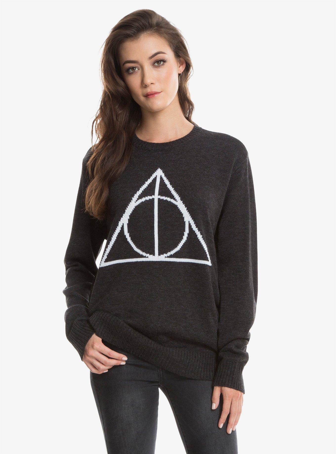 Harry Potter Deathly Hallows Womens Intarsia Pullover Sweater, BLACK-WHITE, hi-res