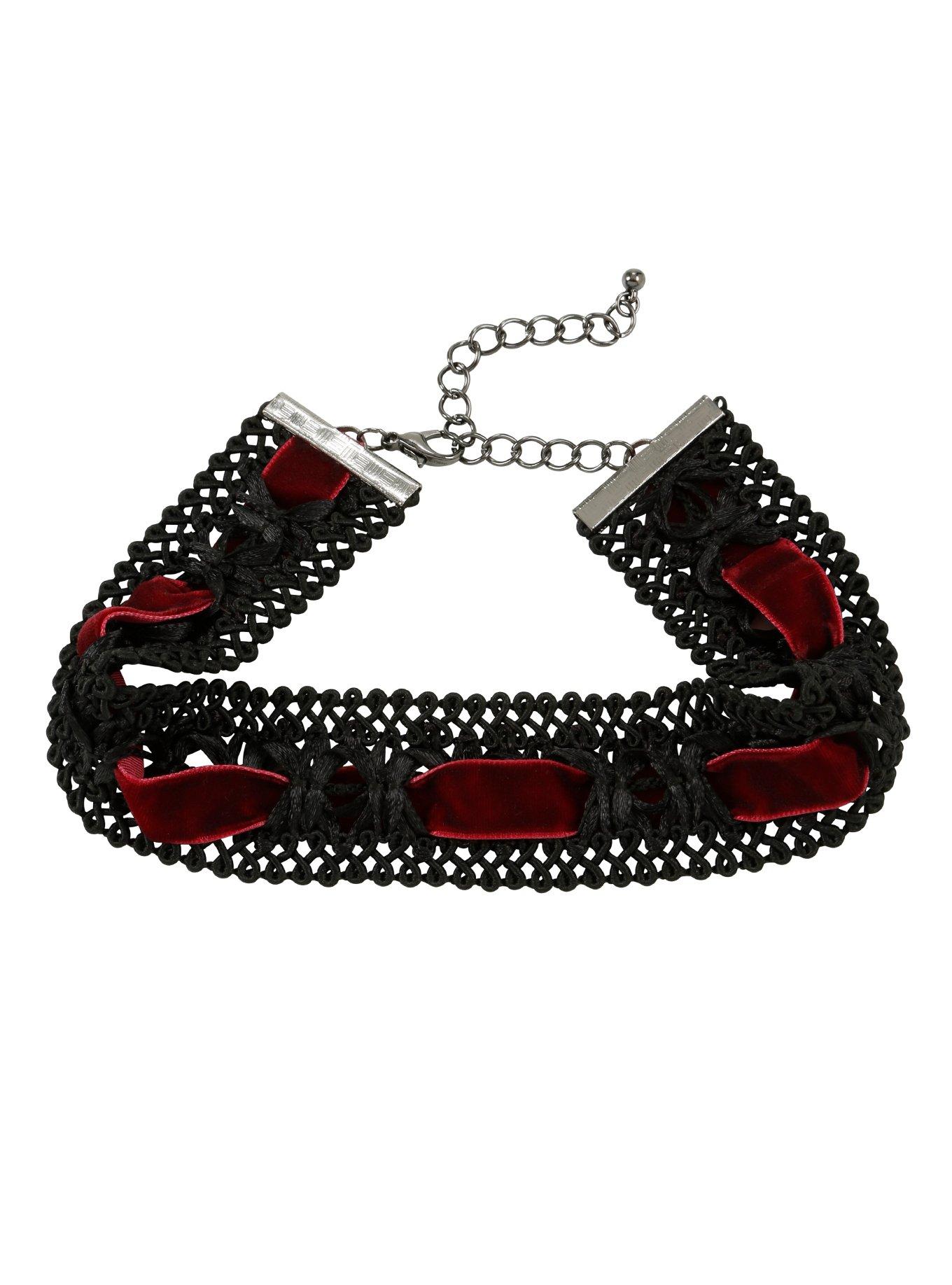 Blackheart Black Lace & Burgundy Velvet Choker, , hi-res