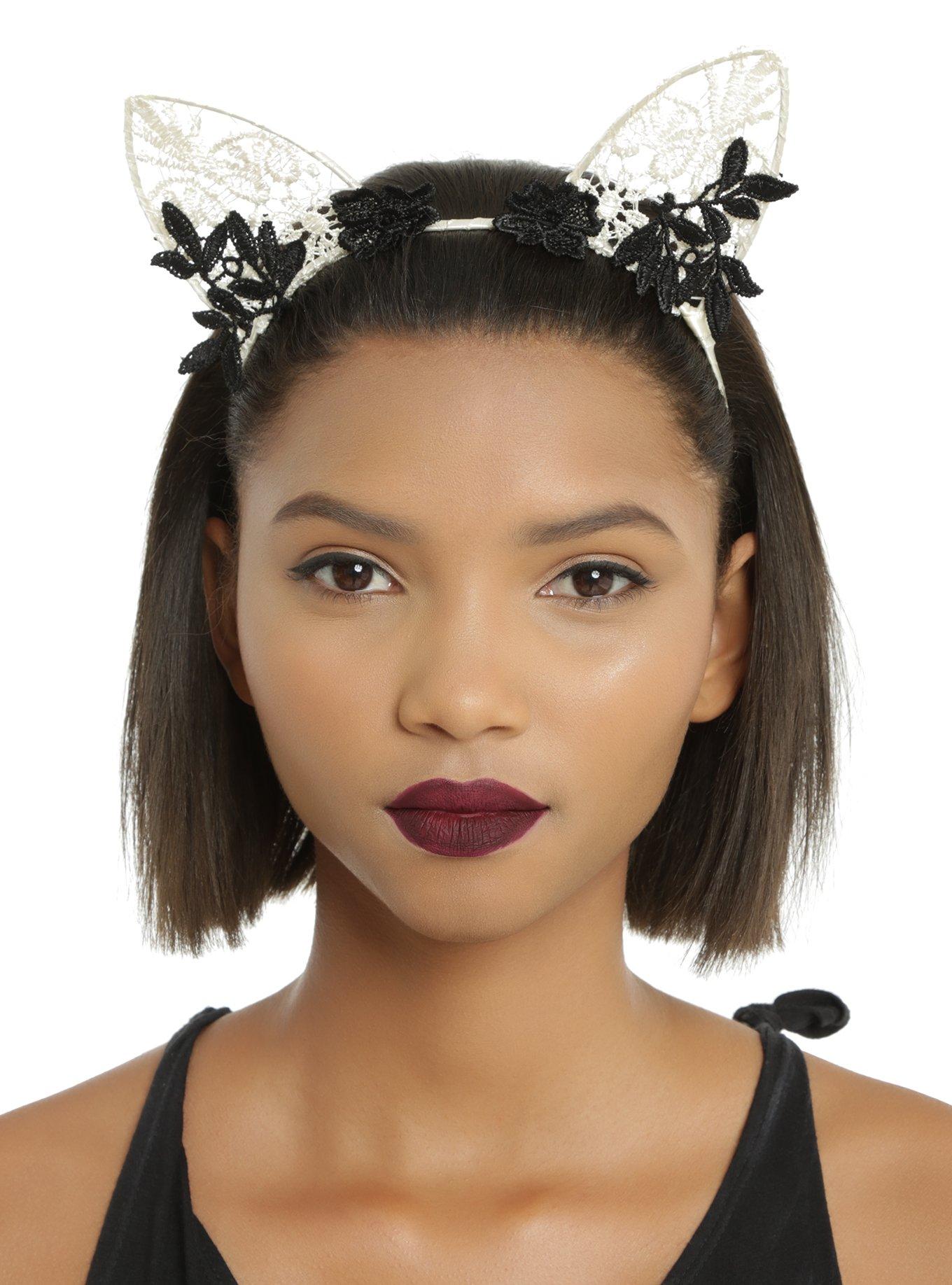 Ivory & Black Floral Cat Ear Headband Hot Topic