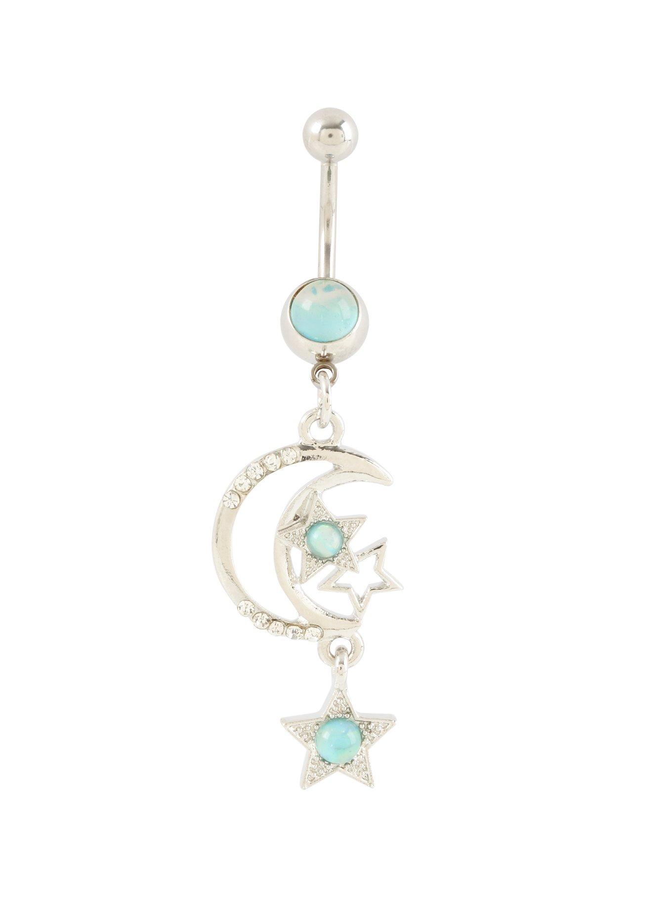 Steel 14G Blue Opal Moon & Star Navel Barbell, , hi-res