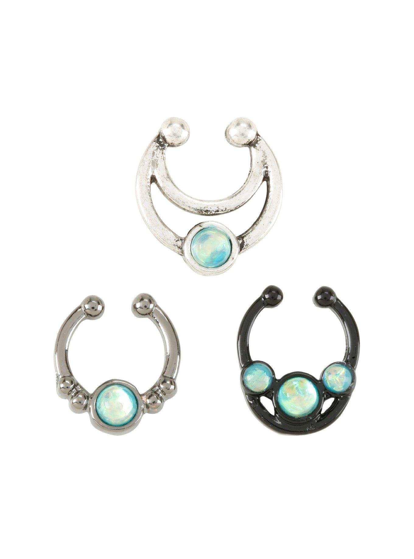 Blackheart Mixed Metal Double Opal Faux Septum Ring 3 Pack, , hi-res