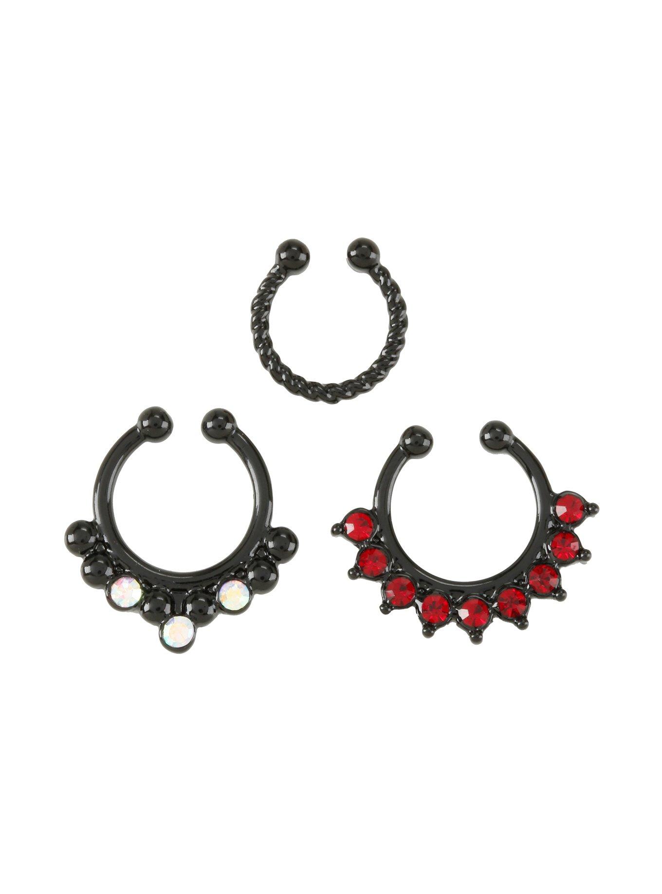 Black Red CZ & AB Faux Septum Ring 3 Pack, , hi-res