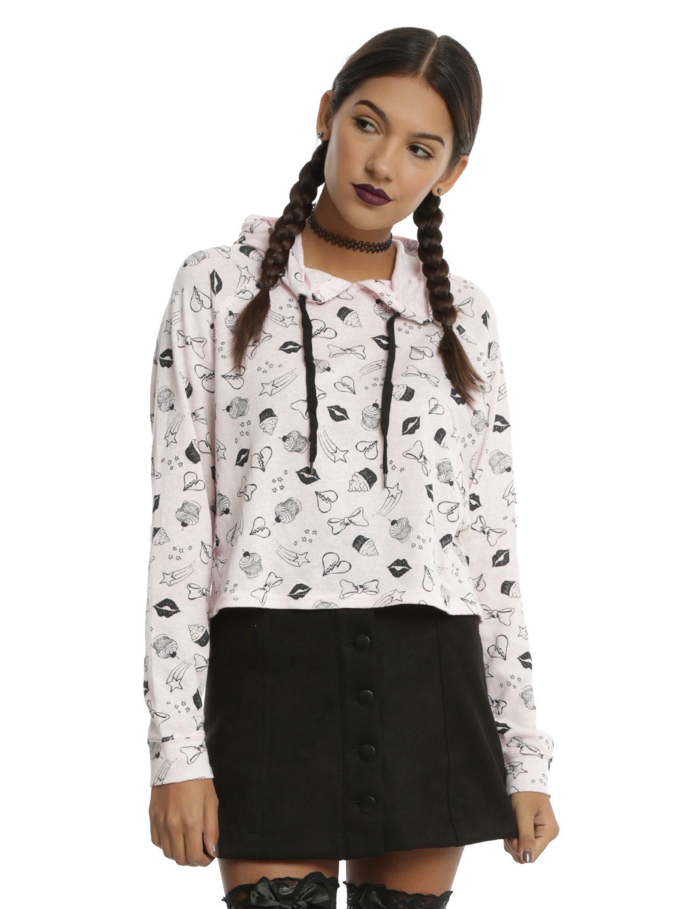 Pastel Pink Cupcakes & Kisses Girls Crop Hoodie, BLACK, hi-res