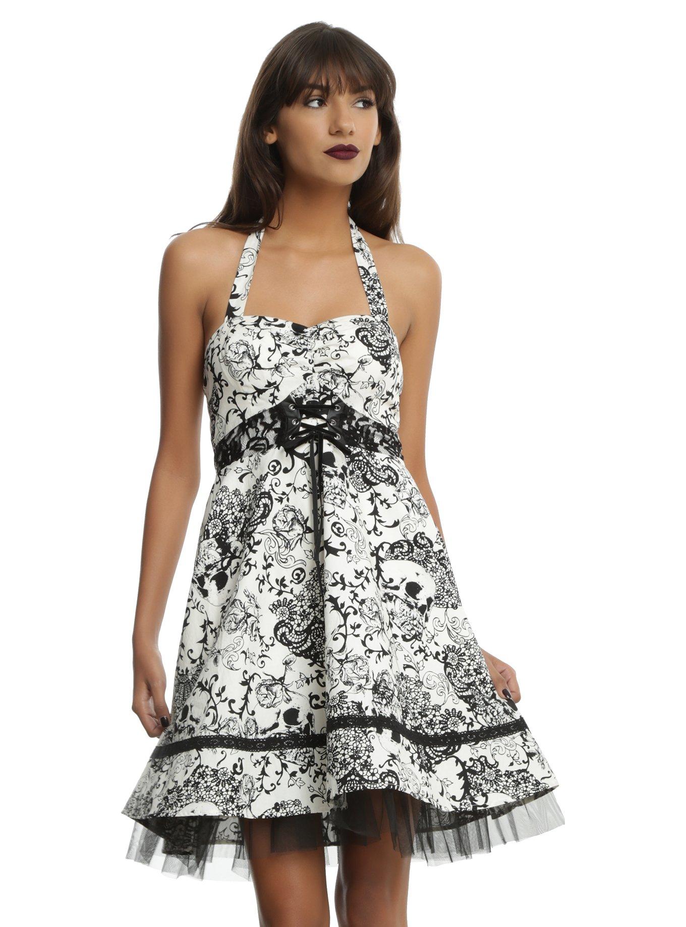 Black & Ivory Sweetheart Halter Skull Dress, BLACK, hi-res