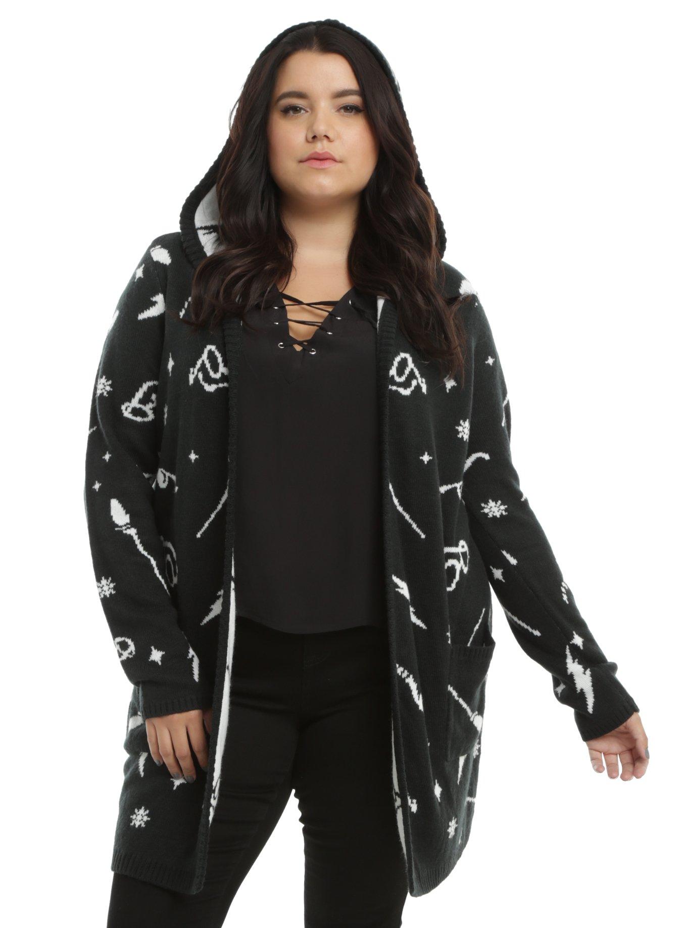 Harry Potter Symbols Girls Hooded Flyaway Cardigan Plus Size, BLACK, hi-res