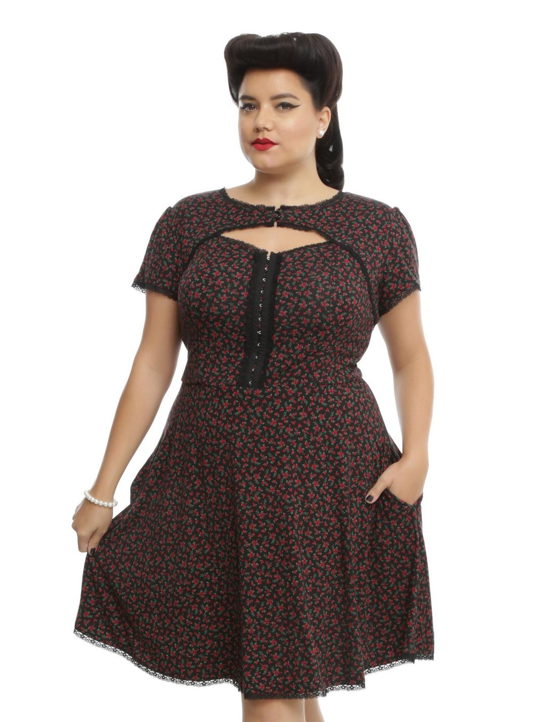 Black & Red Miniature Roses Rockabilly Dress Plus Size, RED, hi-res