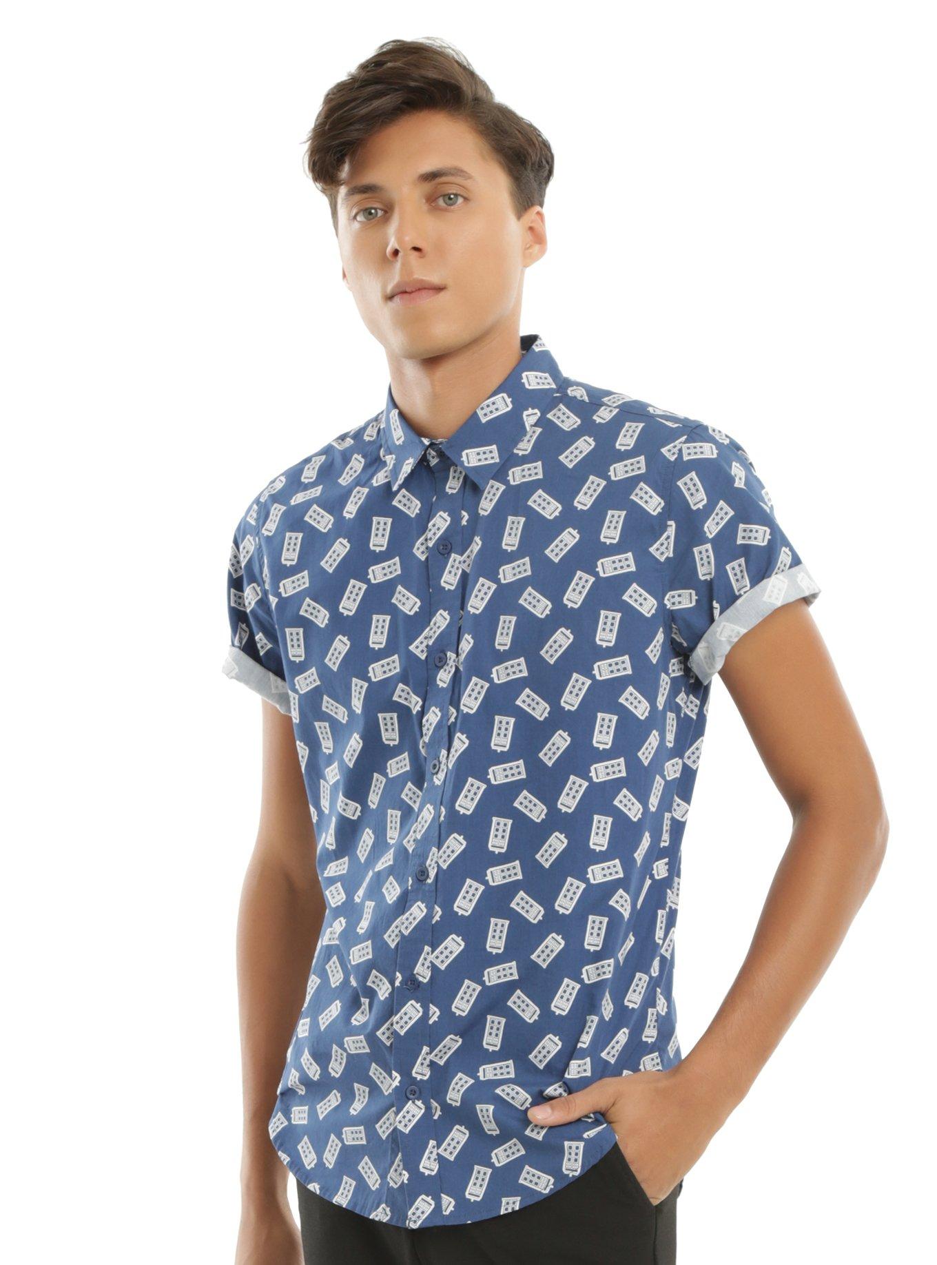 Doctor Who TARDIS Short-Sleeved Woven Button-Up, BLUE, hi-res