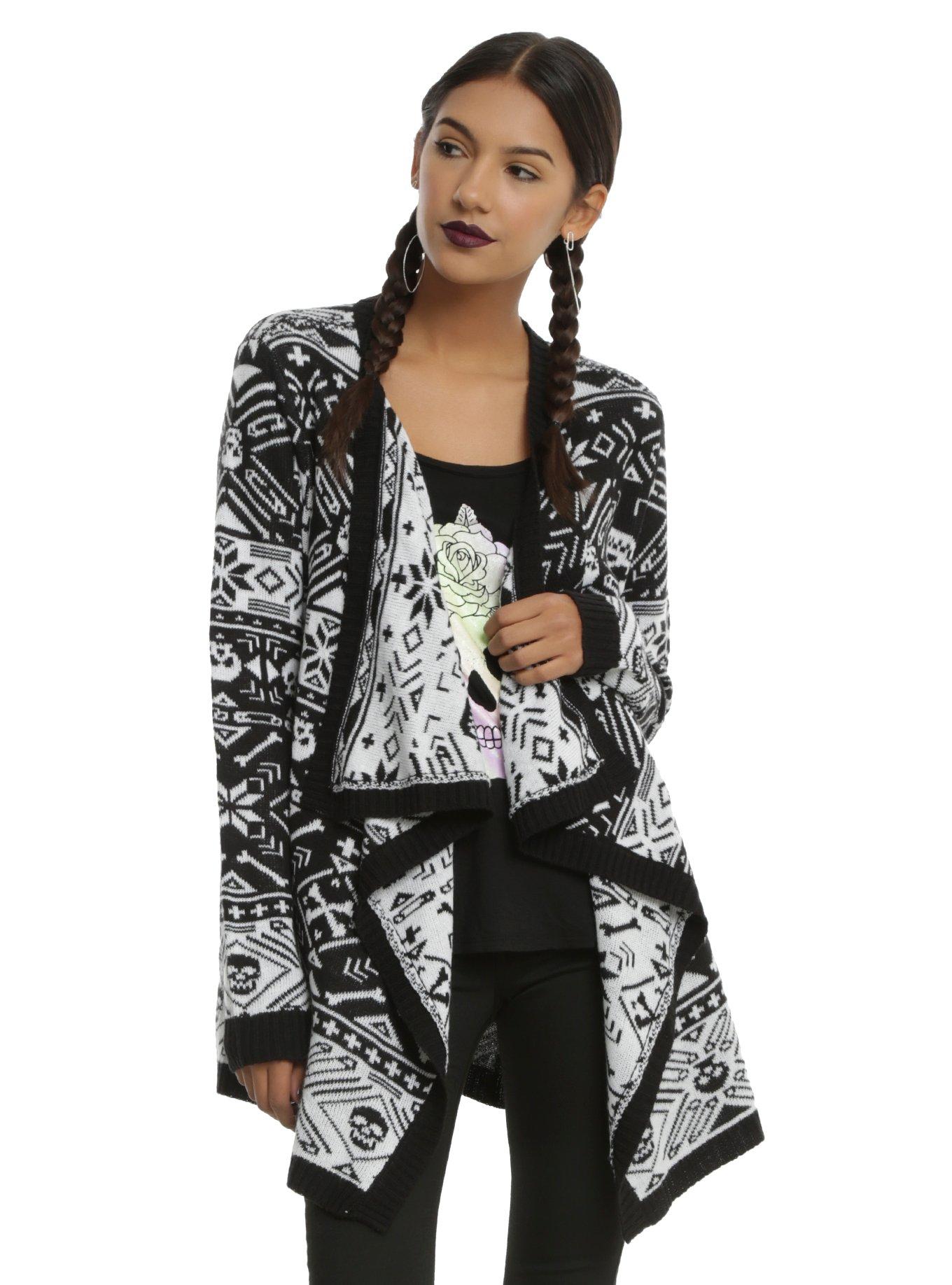 Black & White Skull Fair Isle Girls Flyaway Cardigan, BLACK, hi-res