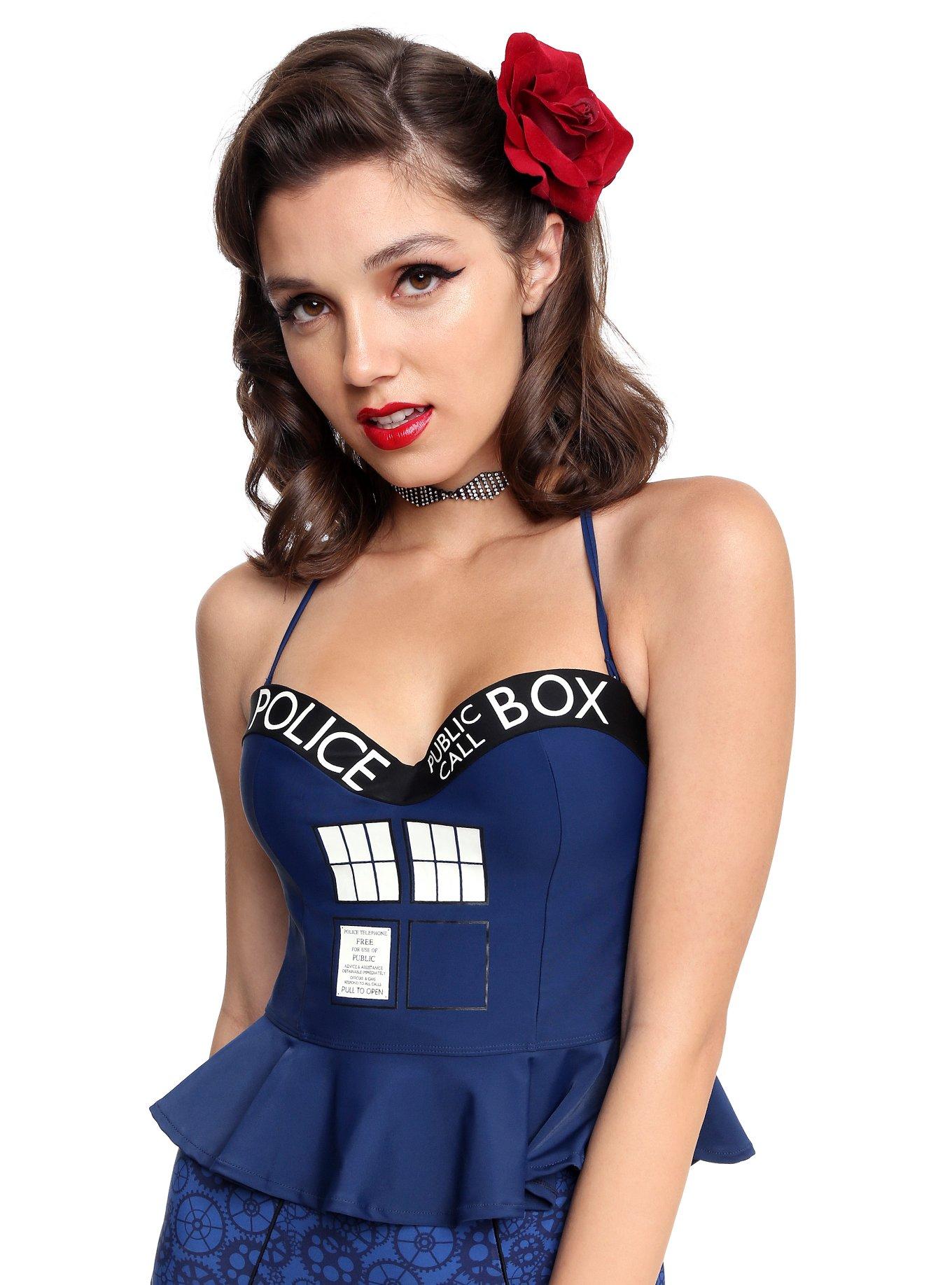 Doctor Who TARDIS Peplum Swim Top, BLUE, hi-res