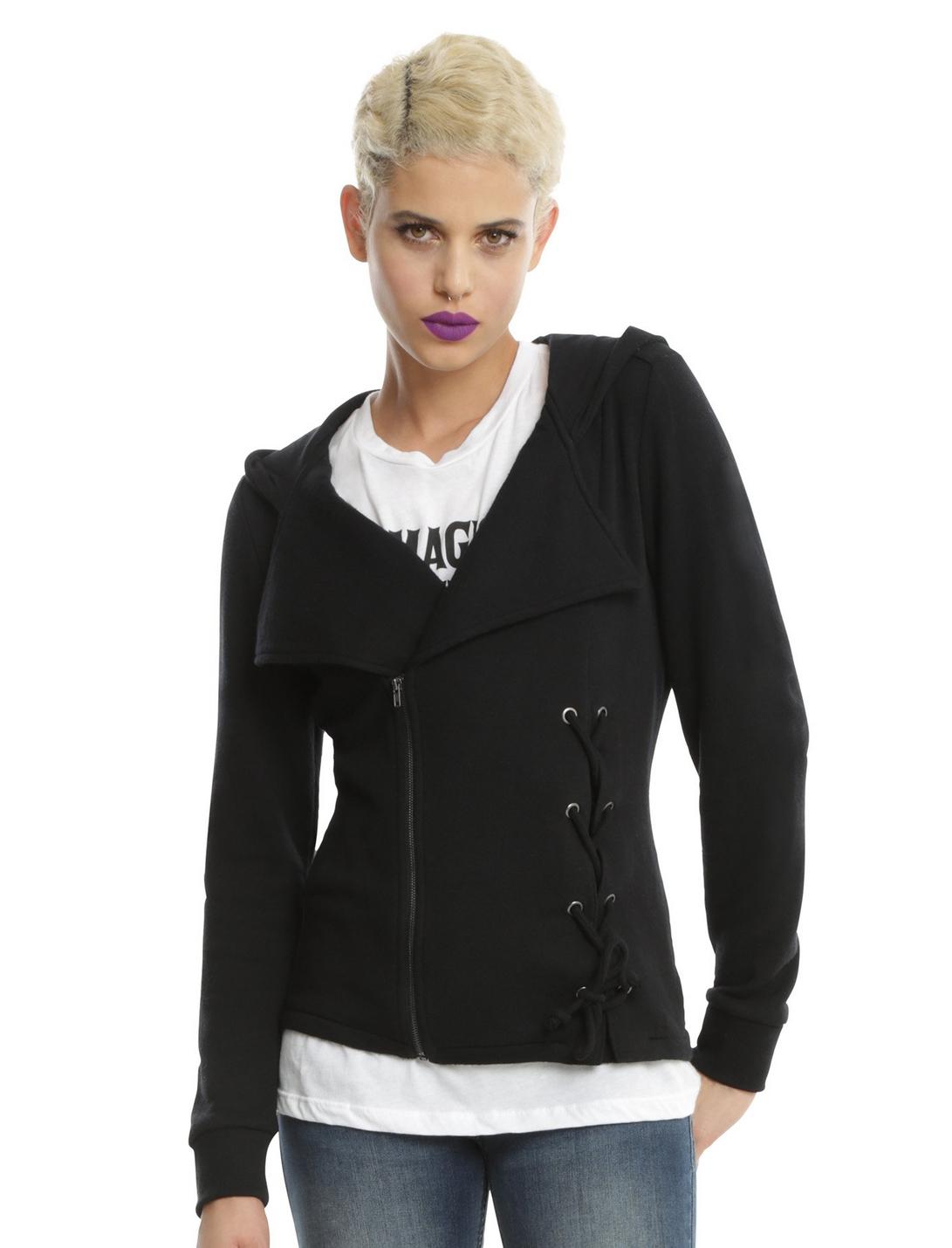 Black Fleece Lace-Up Girls Jacket, BLACK, hi-res