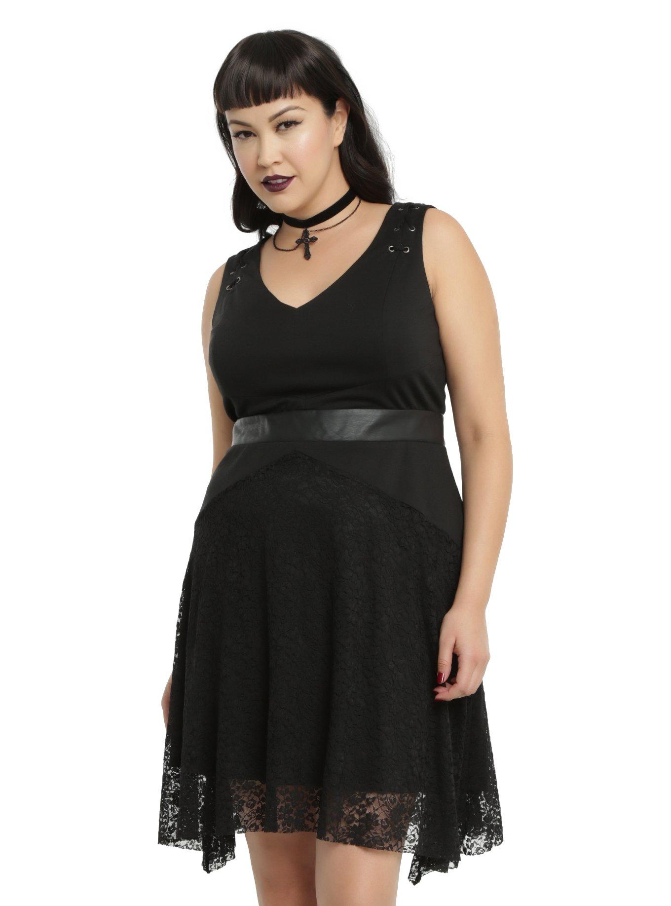 Black Lace-Up Tank Sleeve Fit & Flare Dress Plus Size, BLACK, hi-res