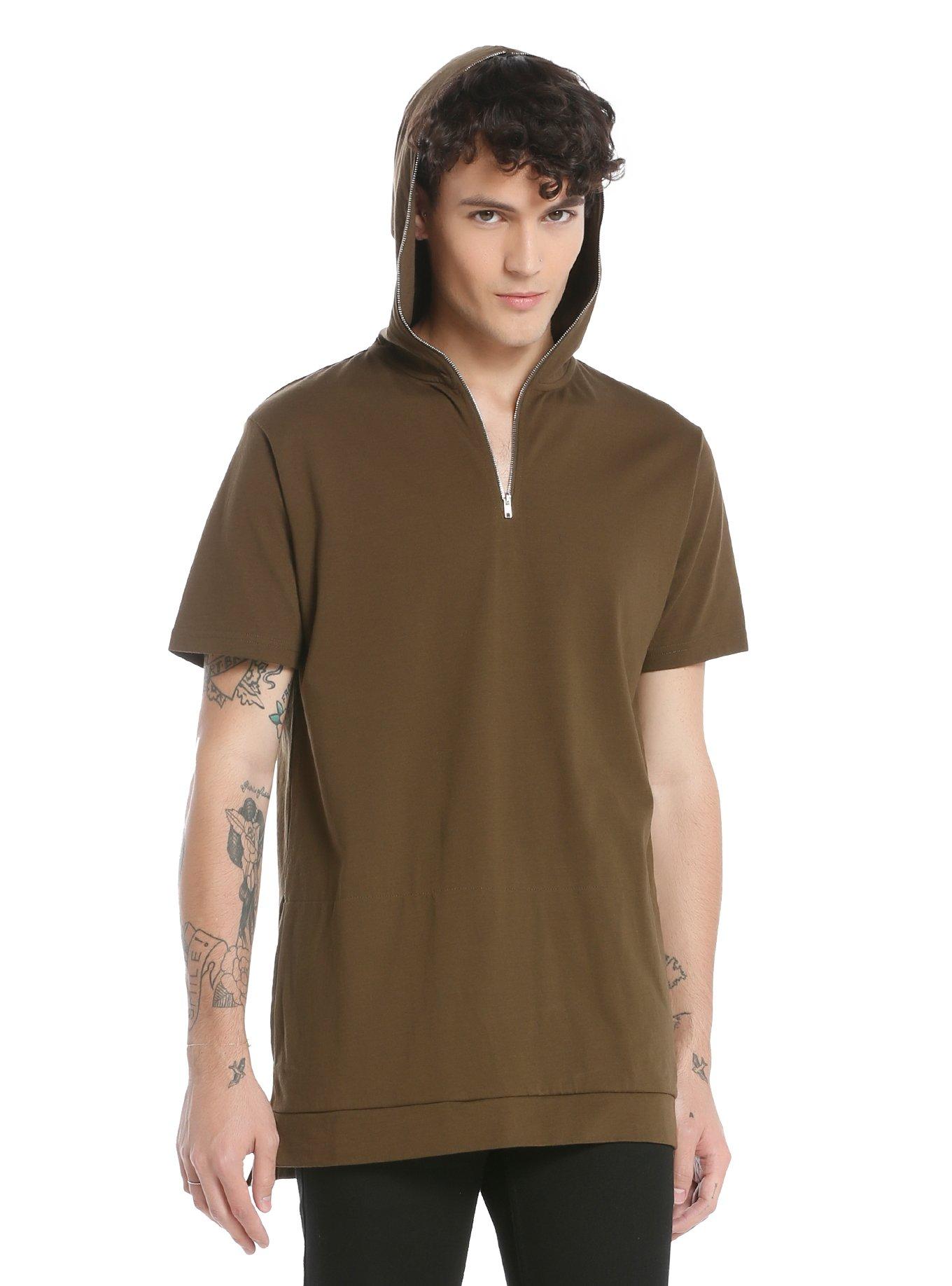 Brown Short-Sleeved Zipper Detail Hoodie, OLIVE, hi-res