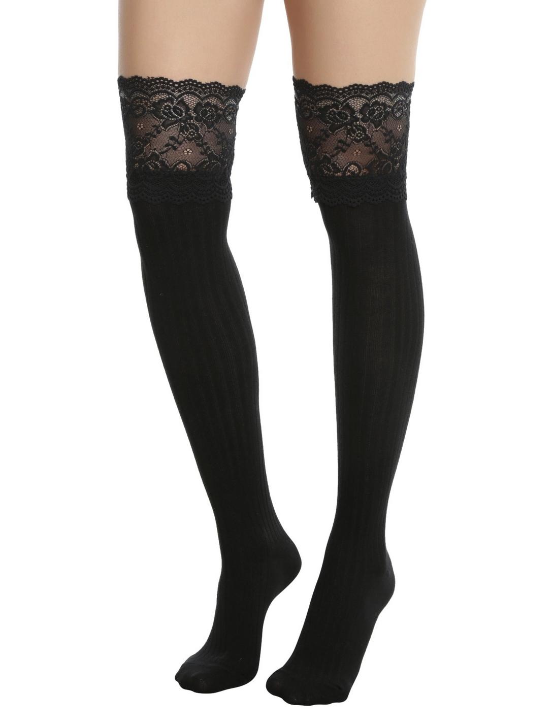 Blackheart Black Lace Cuff Ribbed Over-The-Knee Socks | Hot Topic