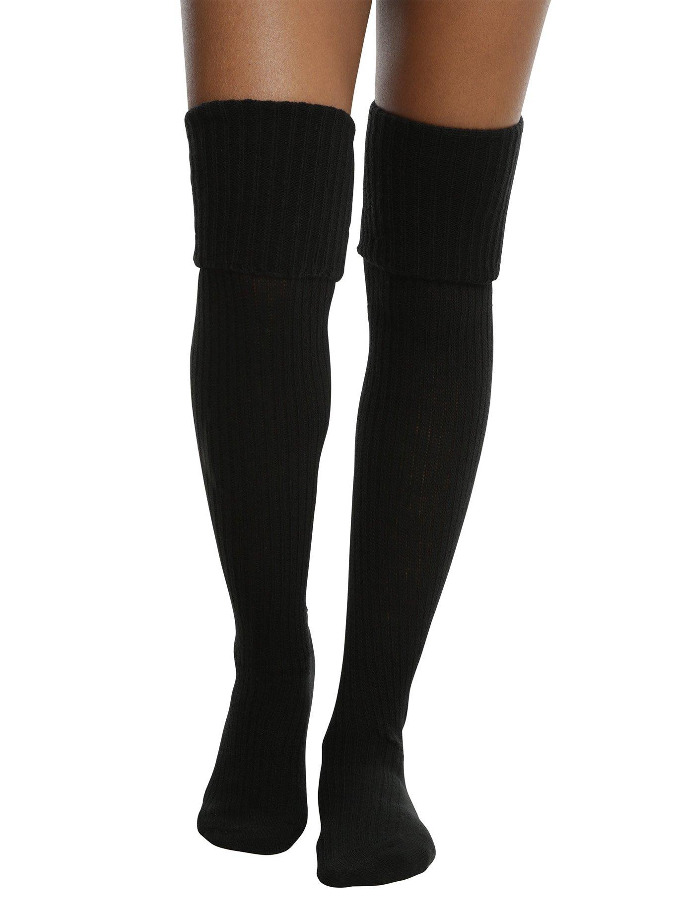 Black Knit Cuffed Over-The-Knee Sweater Socks, , hi-res