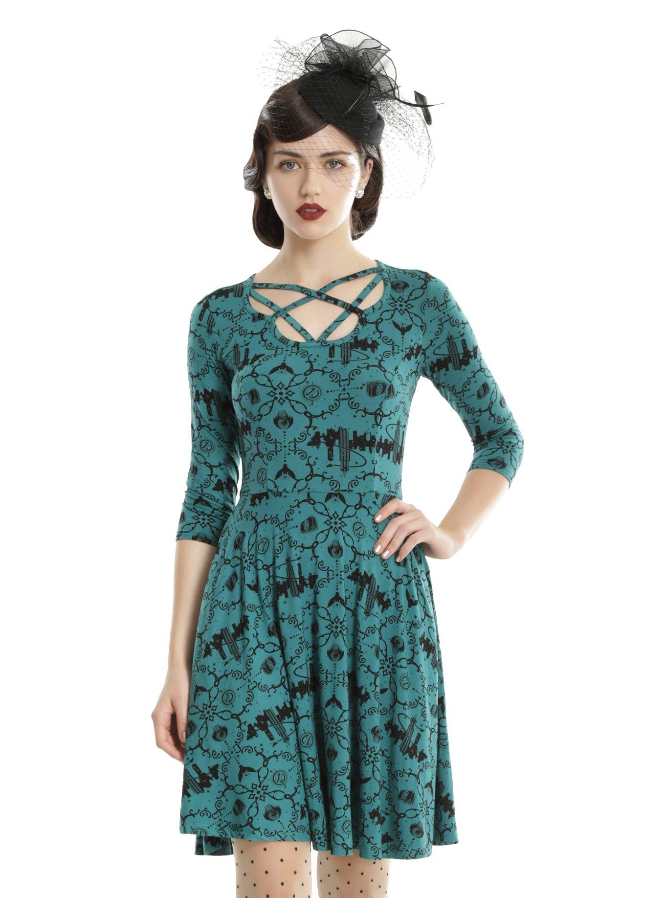 Fantastic Beasts And Where To Find Them Strappy Icons Dress, TEAL, hi-res