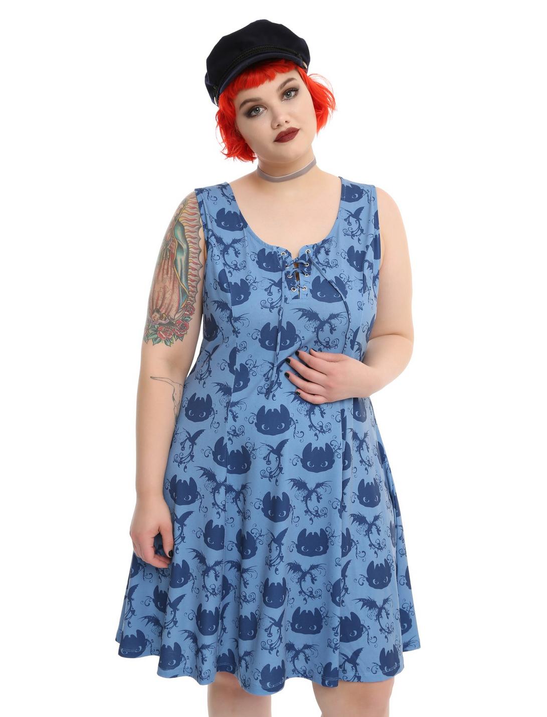 How To Train Your Dragon Toothless Print Dress Plus Size, BLUE, hi-res