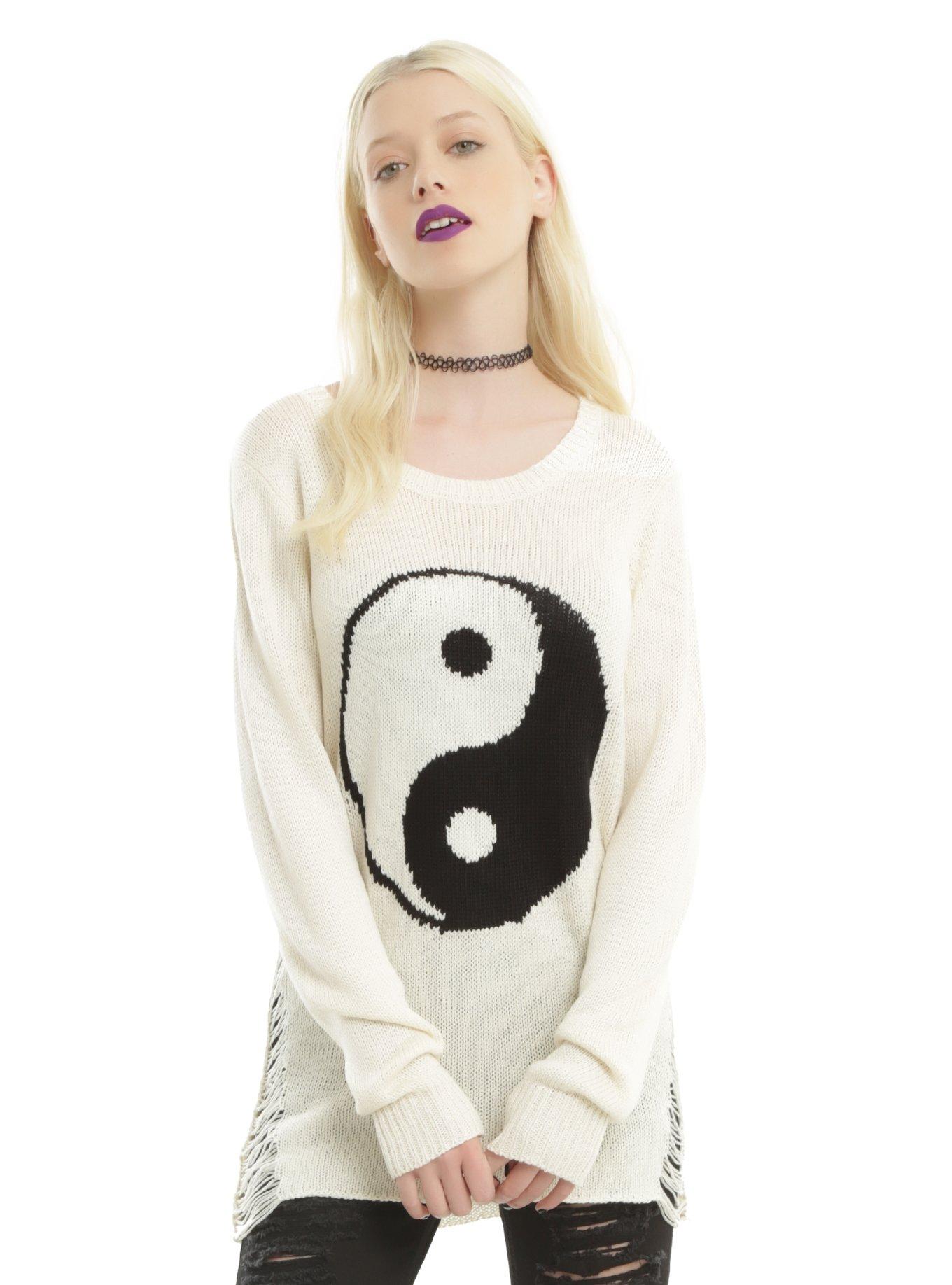 Ivory & Black Yin-Yang Shredded Side Seam Girls Sweater, WHITE, hi-res