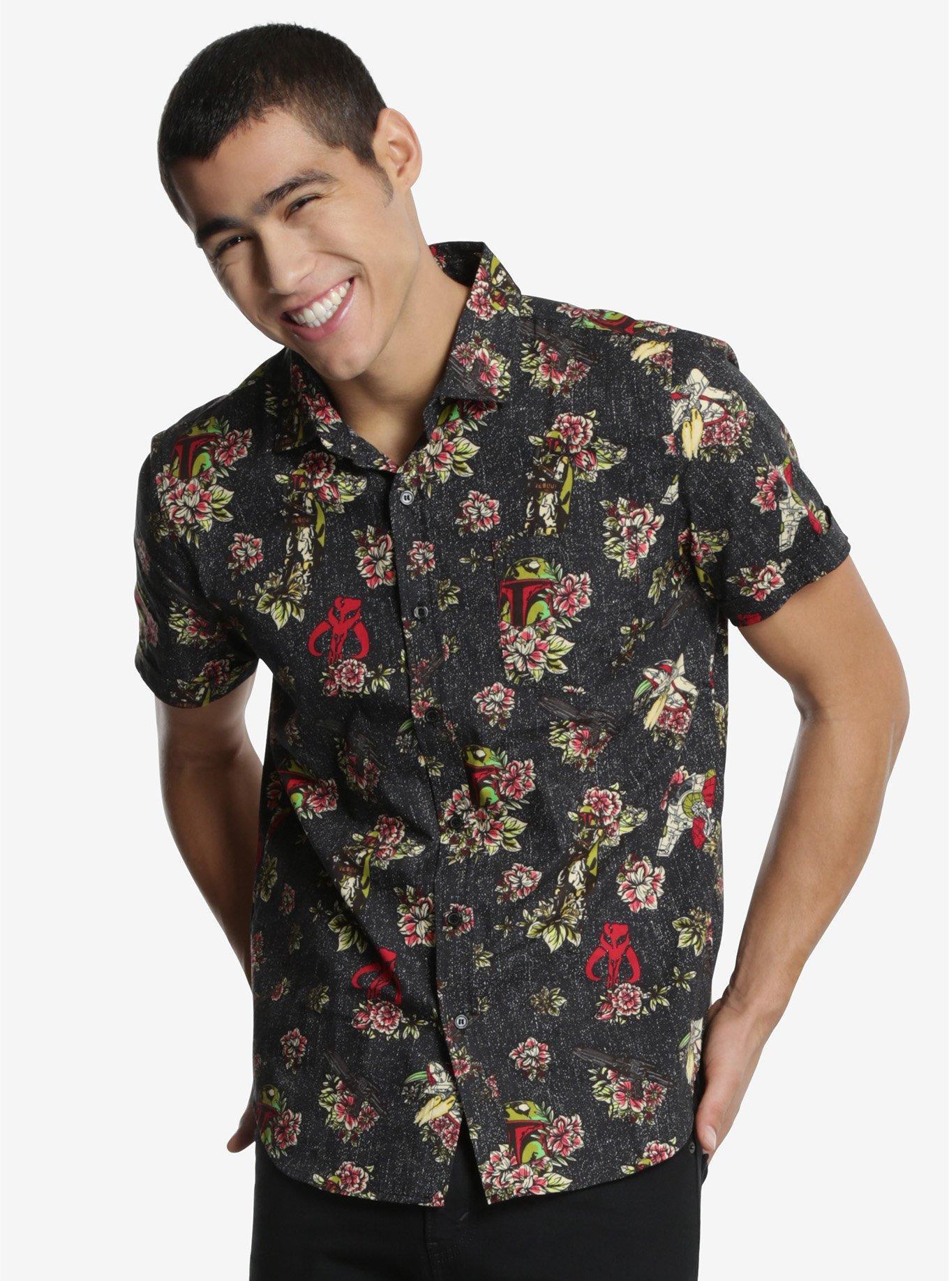 Star Wars Boba Fett Floral Woven Button-Up, BLACK, hi-res