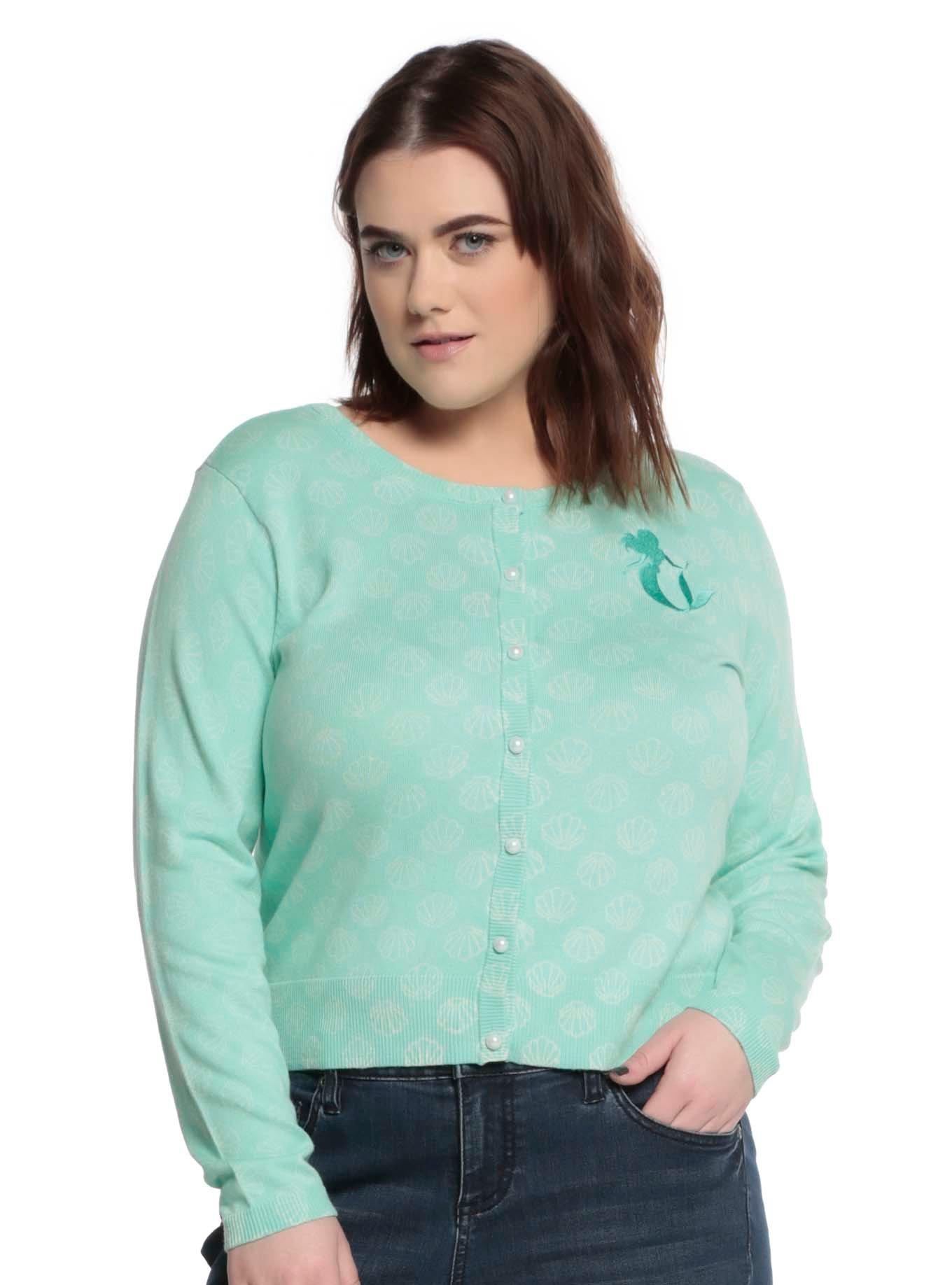 Disney The Little Mermaid Mint Shell Girls Cardigan Plus Size, BLUE, hi-res