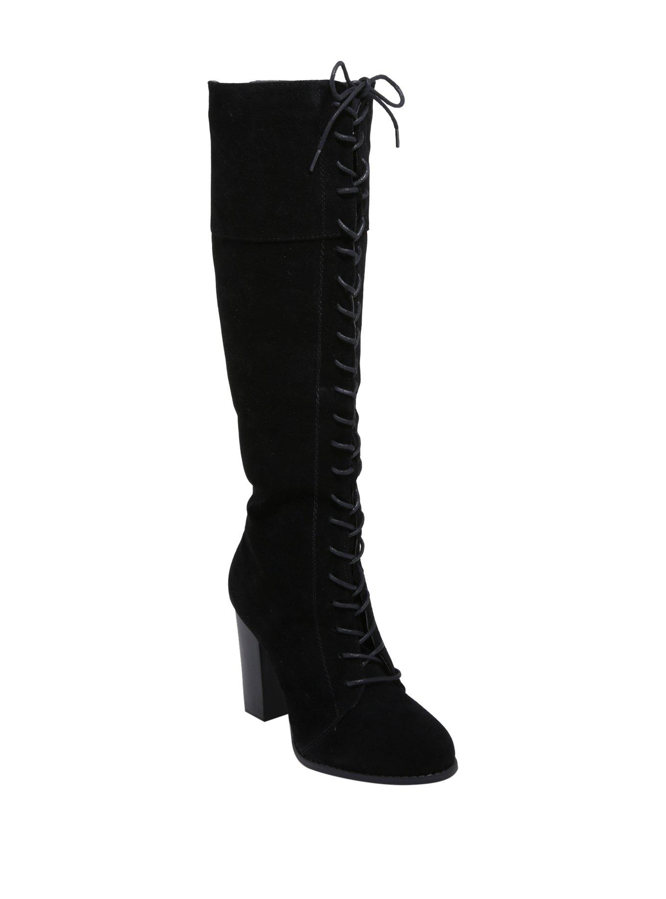 Black Suede Lace-Up Knee High Boots, BLACK, hi-res