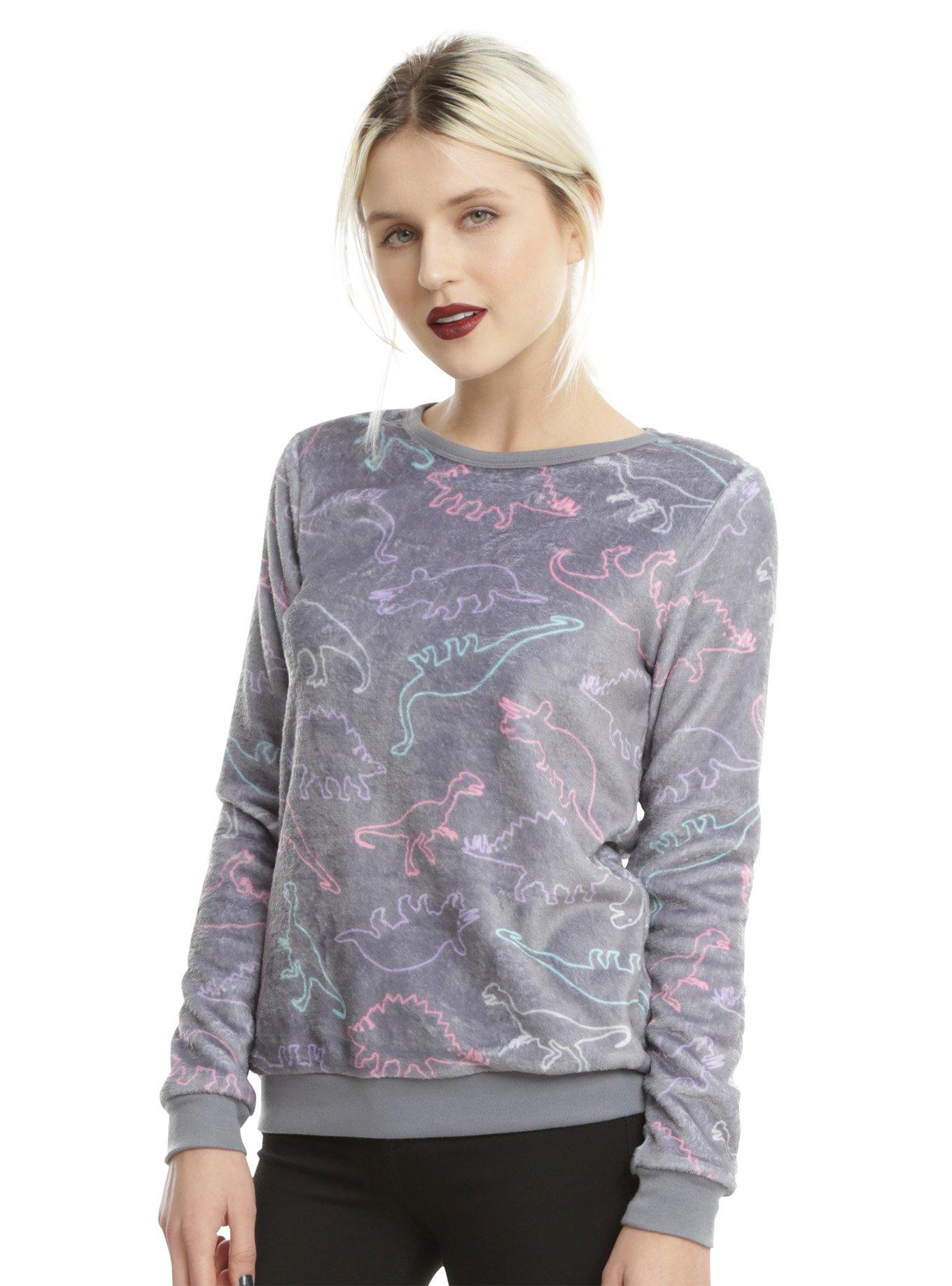 Pastel Dinosaur Girls Fuzzy Sweater, GREY, hi-res