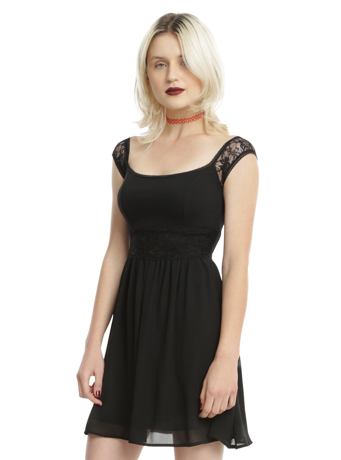 Black Lace Off-The-Shoulder Dress, BLACK, hi-res