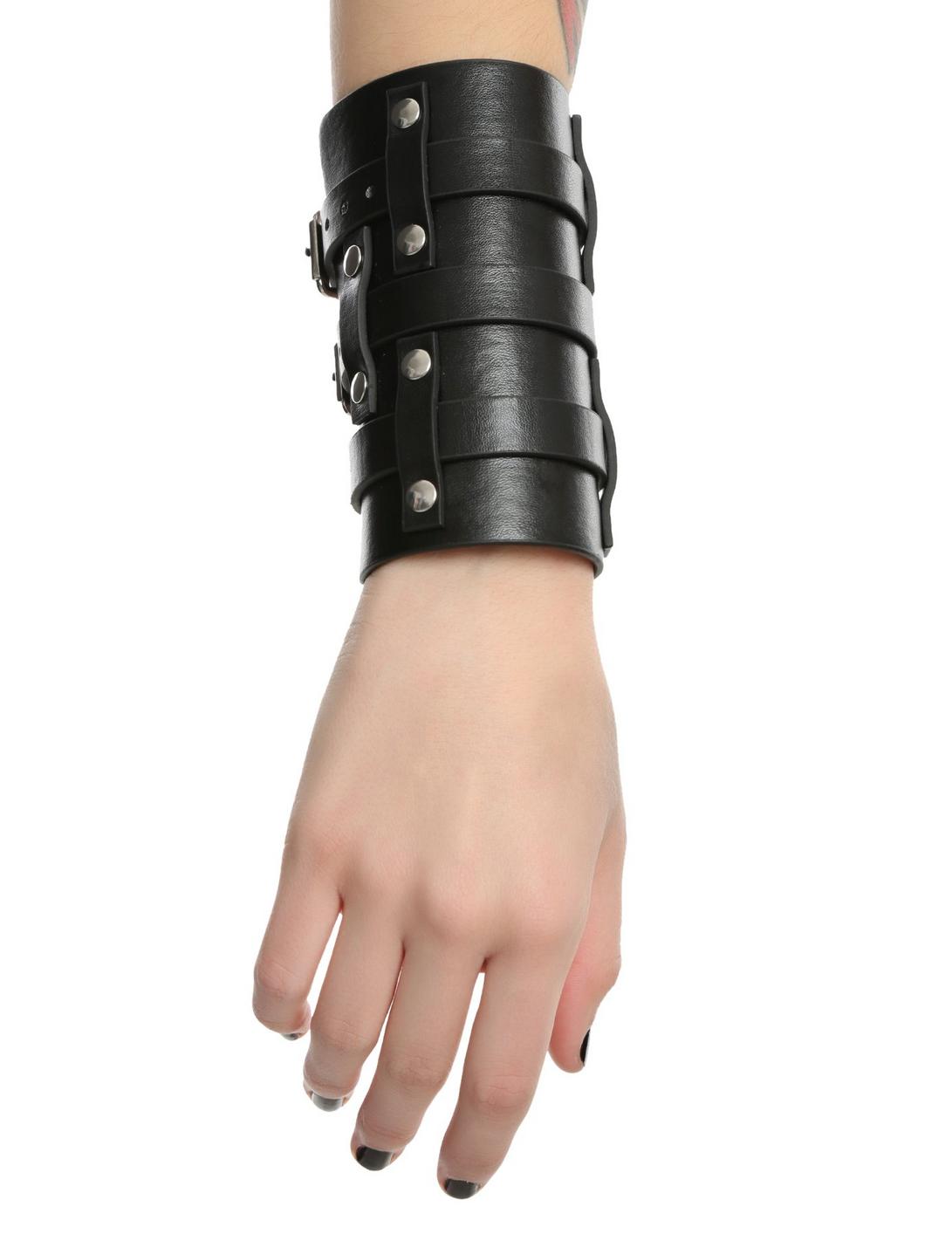 Black Faux Leather Long Strap Buckle Cuff, , hi-res