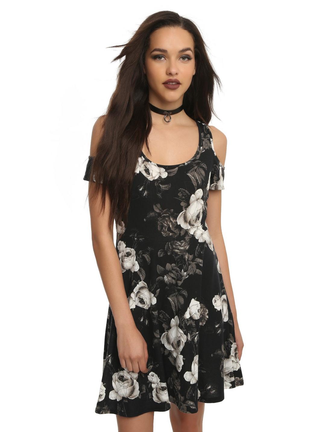 Floral Black And White Print Cold Shoulder Dress, BLACK, hi-res