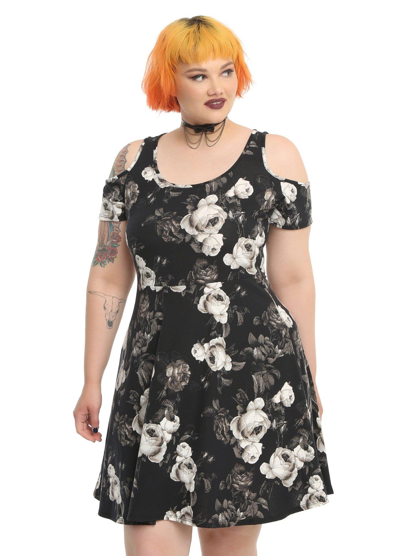 Floral Black And White Print Cold Shoulder Dress Plus Size | Hot Topic