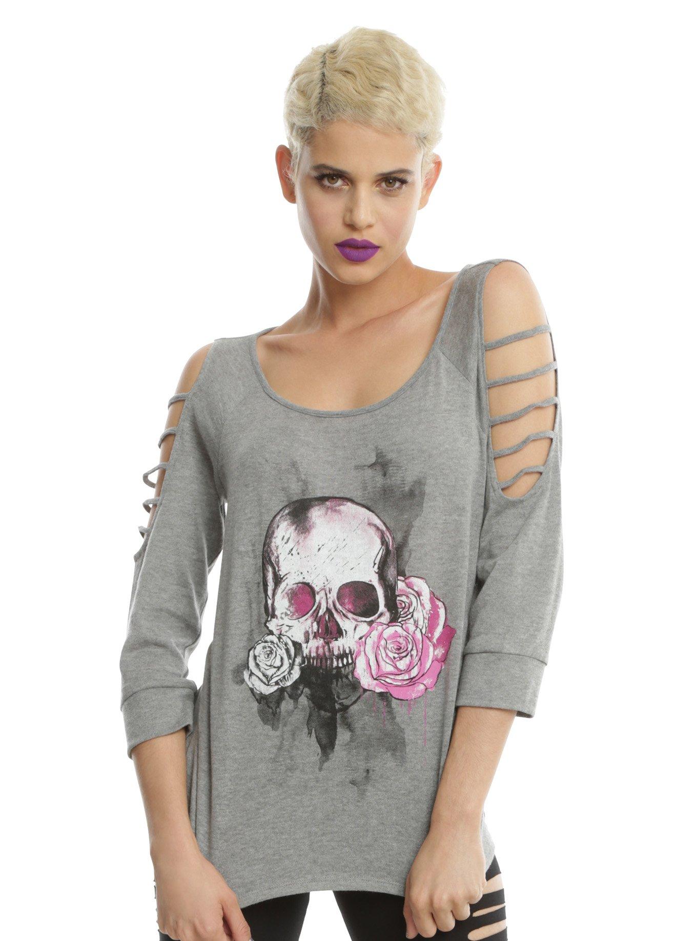 Heather Grey Cut Out Cold Shoulder Girls Top, WHITE, hi-res
