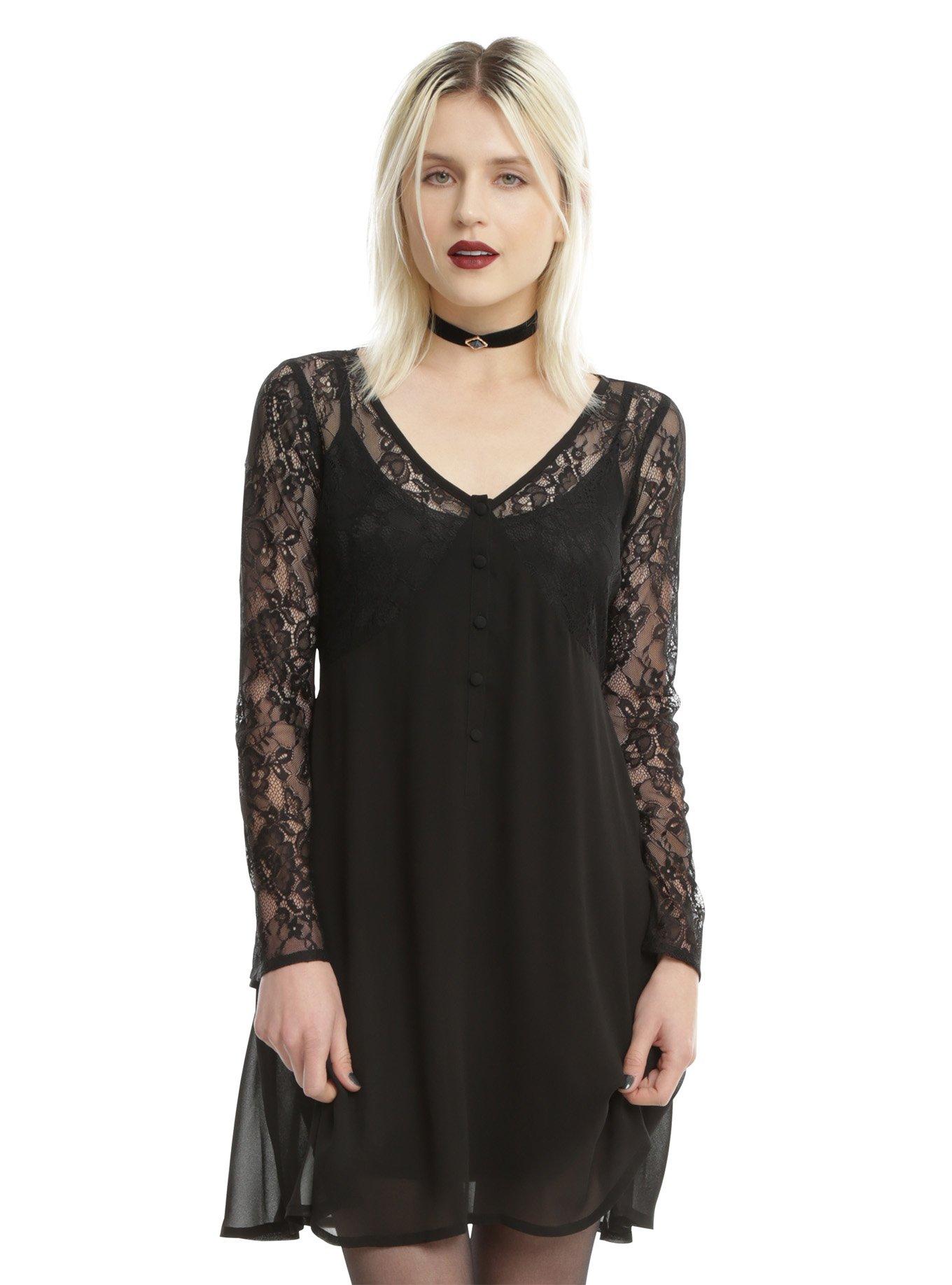 Black Lace Bell Sleeve Chiffon Dress, BLACK, hi-res