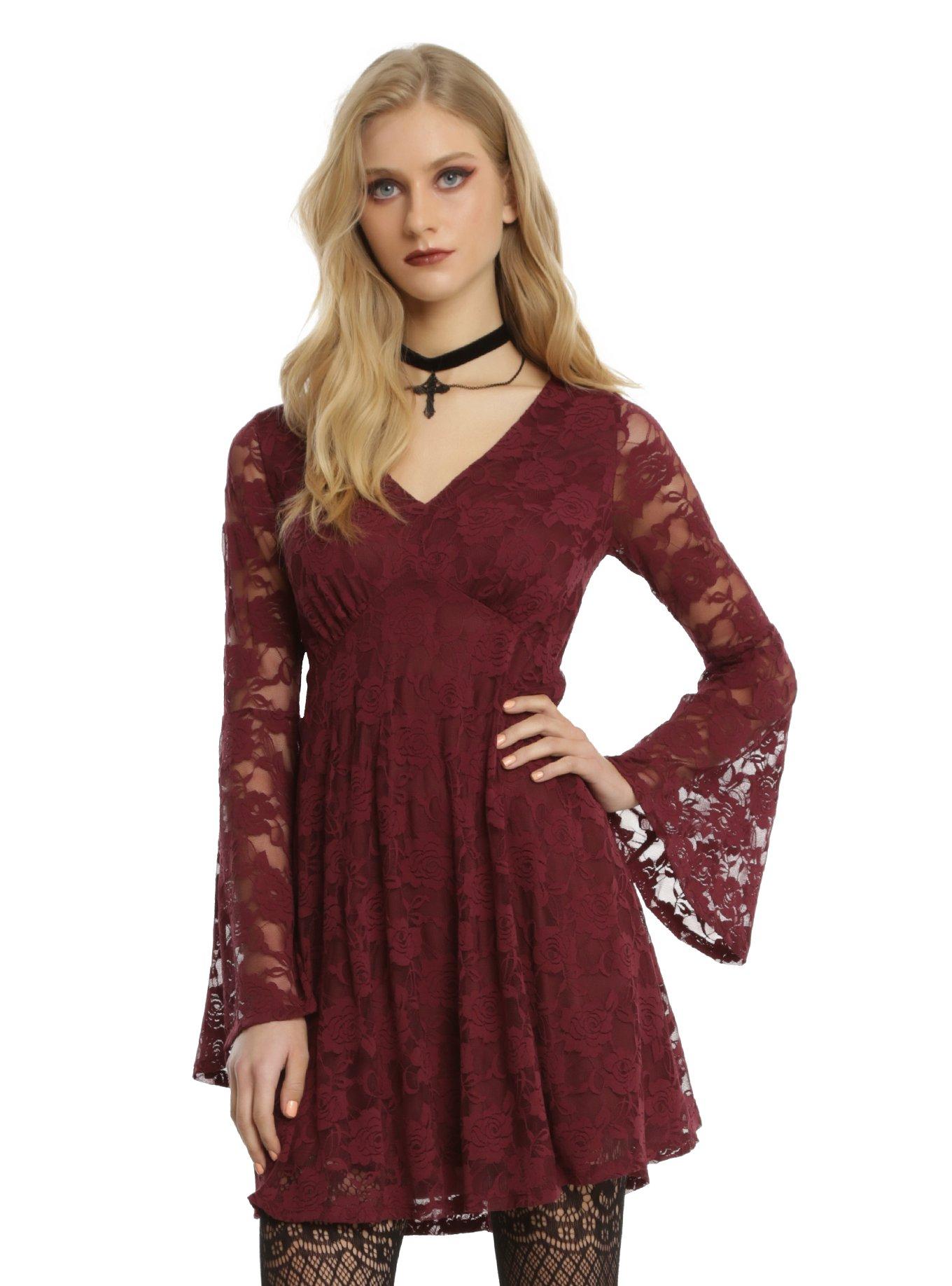 Burgundy Lace Bell Sleeve Dress Hot Topic