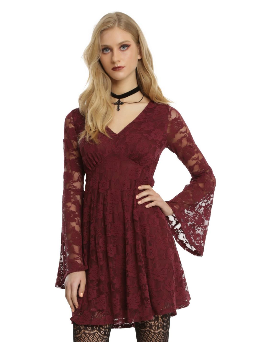 Burgundy Lace Bell Sleeve Dress, BLACK, hi-res