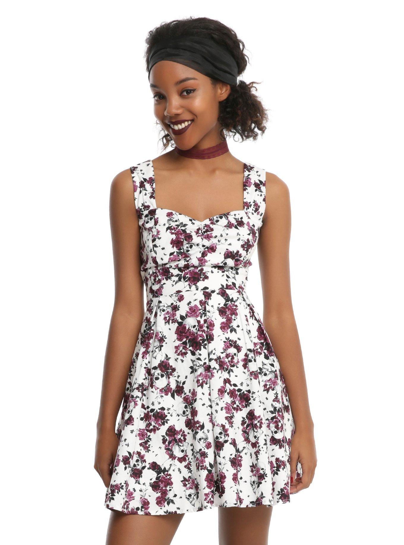 White Skull & Floral Print Fit & Flare Dress | Hot Topic