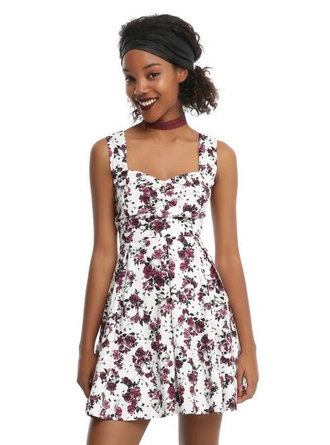 White Skull Floral Print Fit Flare Dress Hot Topic