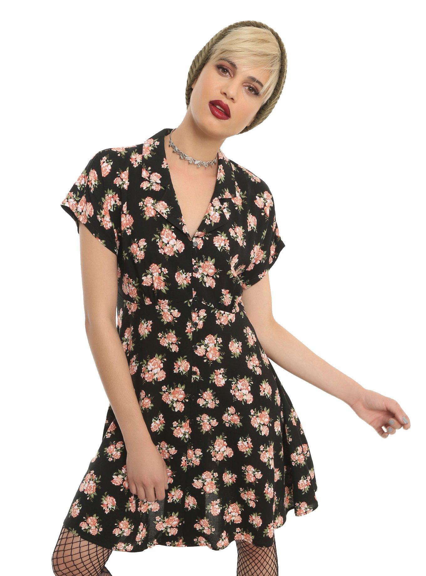 Floral Button-Up Dress, BLACK, hi-res