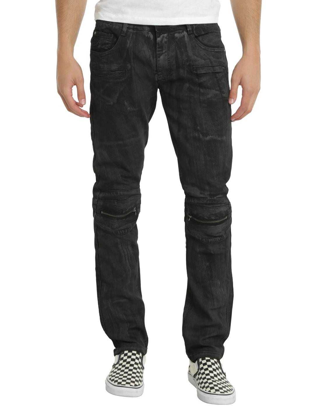 BlacX Black Wash Knee Zip Moto Skinny Jeans, BLACK, hi-res
