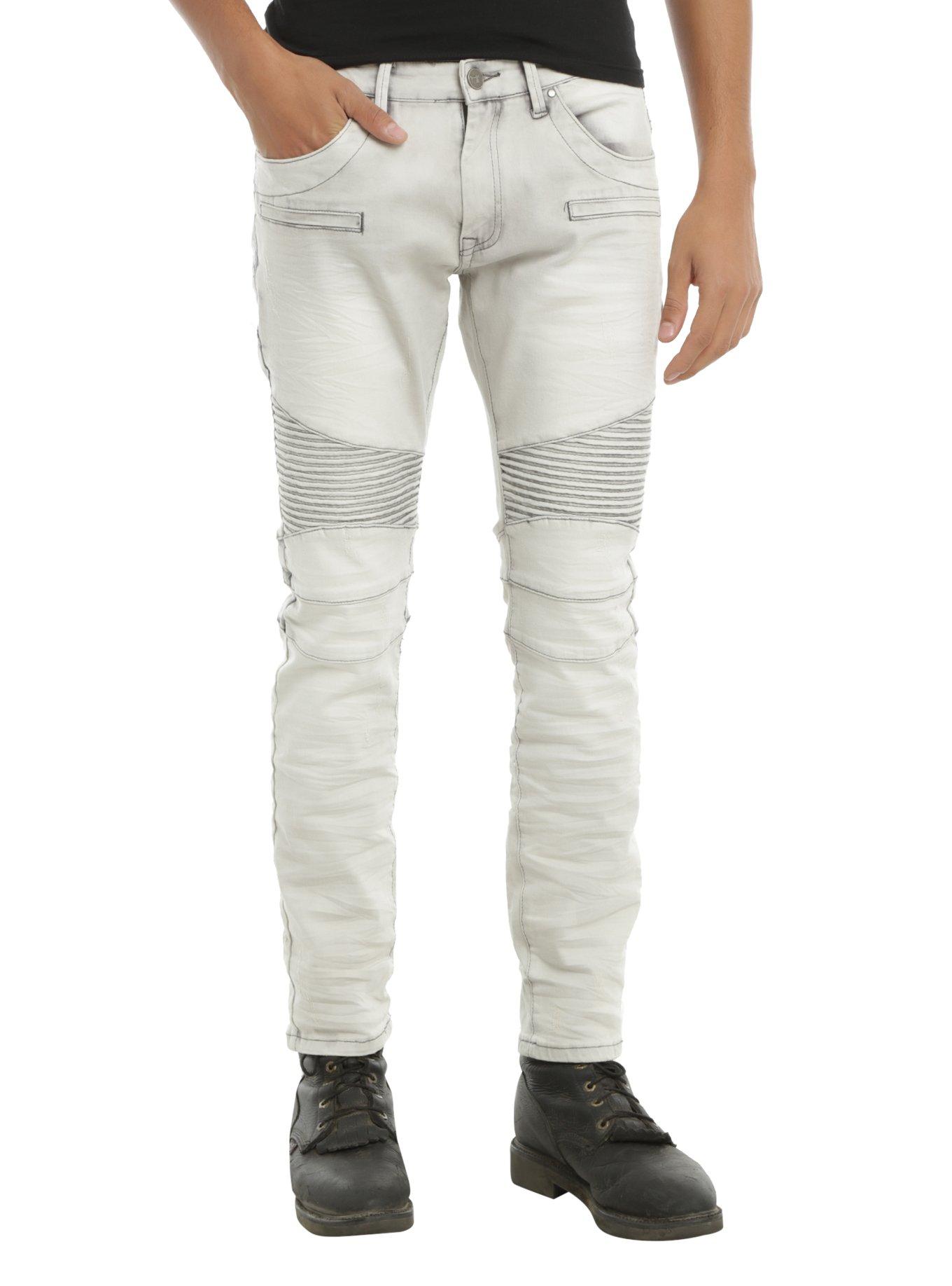 BlacX Light Wash Pintuck Moto Skinny Jeans, WHITE, hi-res