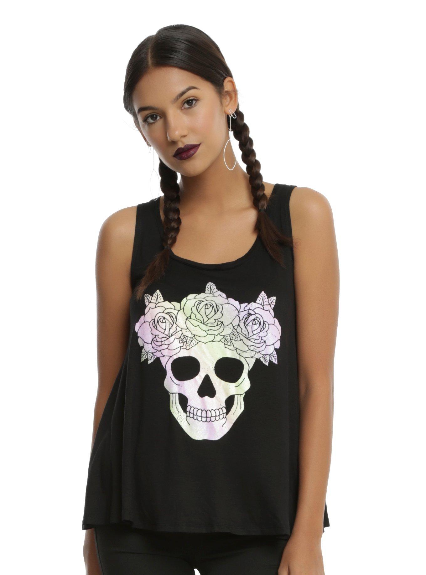 Pastel Skull Deconstructed Girls Tank Top, BLACK, hi-res