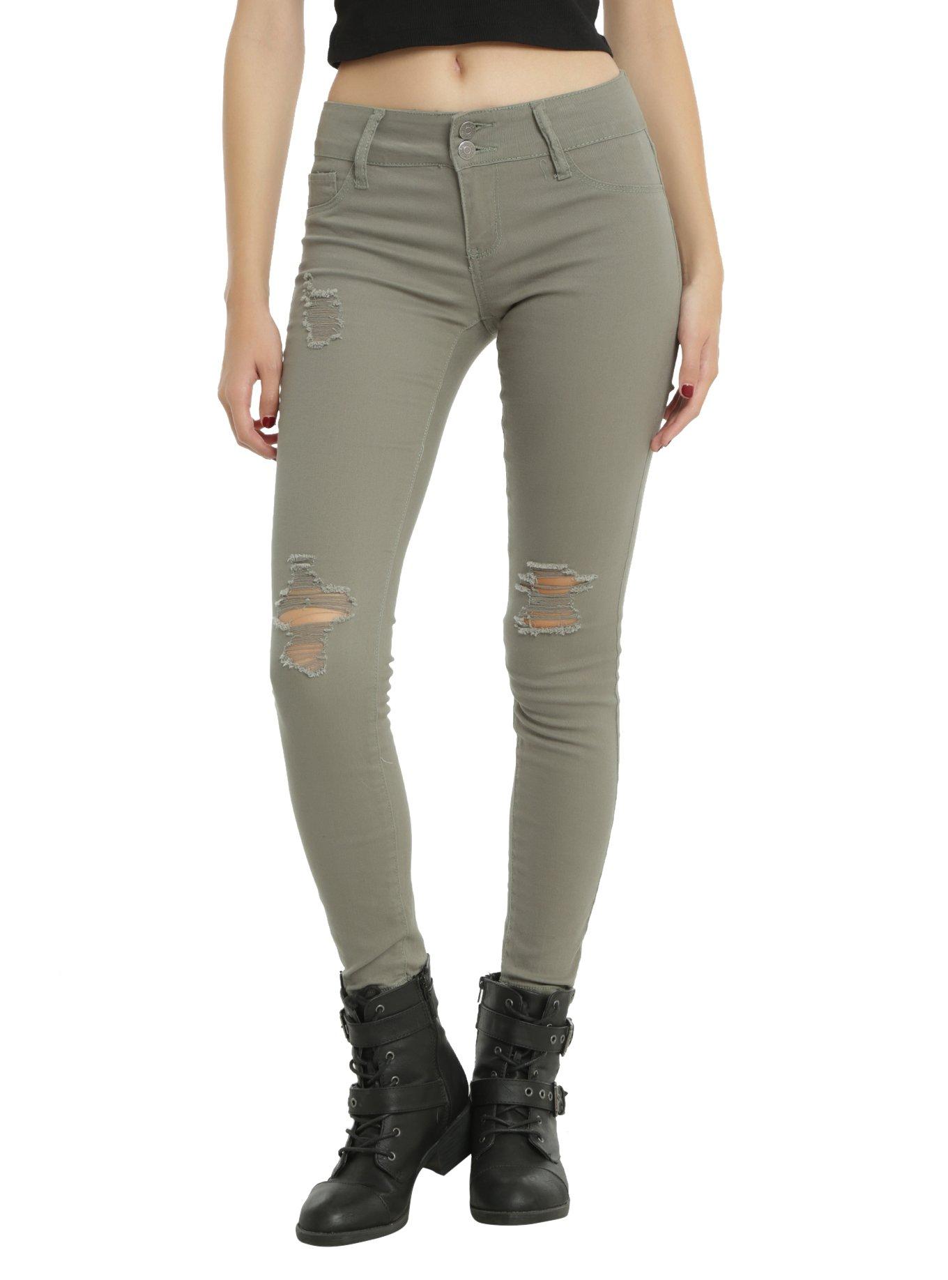 Olive Destructed Skinny Jeans | Hot Topic