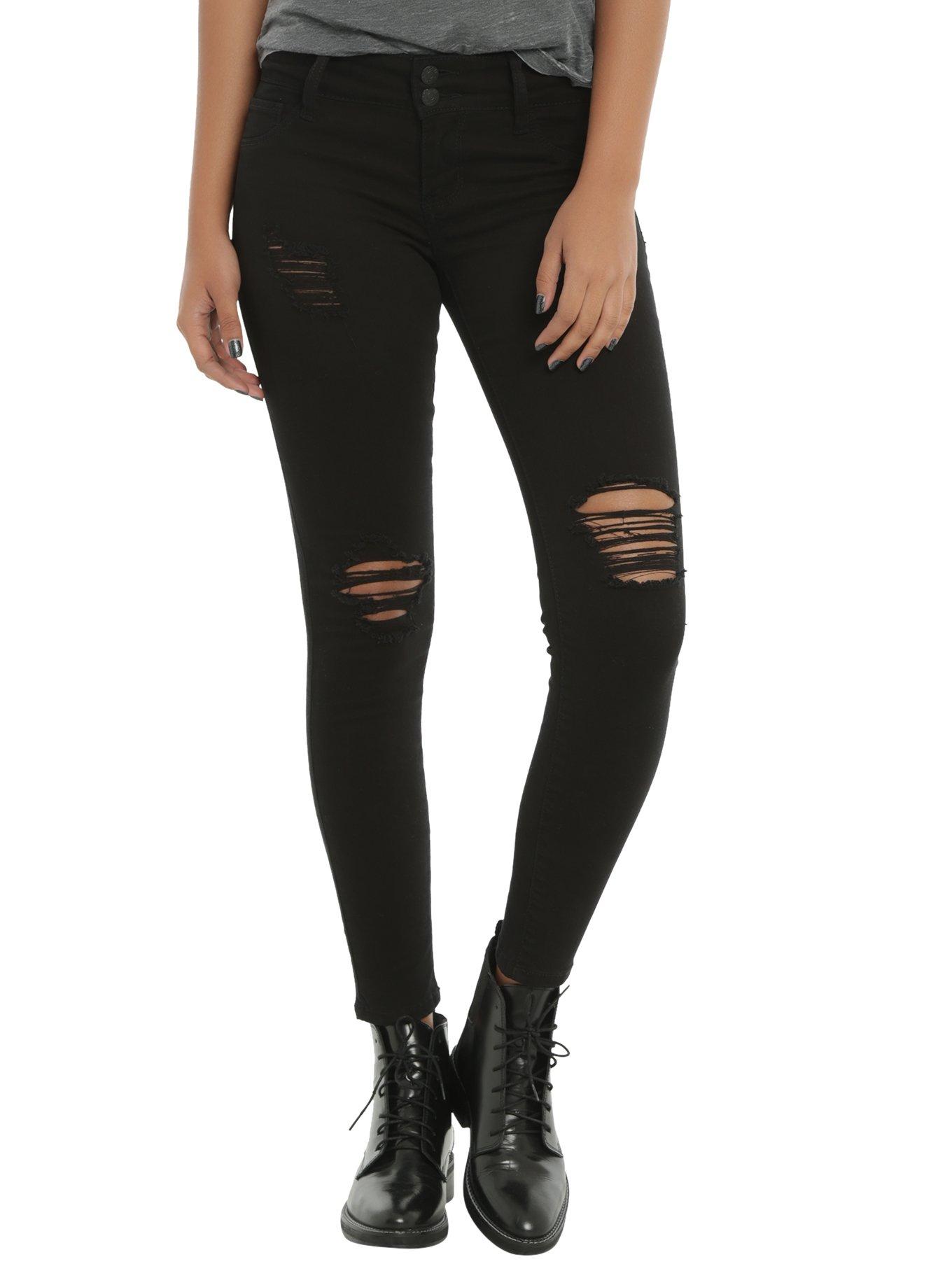 Black Deconstructed Skinny Jeans, BLACK, hi-res