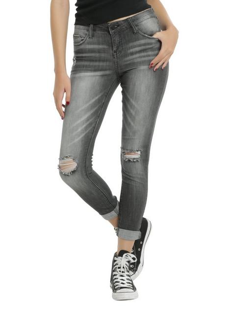 Grey Wash Destructed Skinny Jeans | Hot Topic