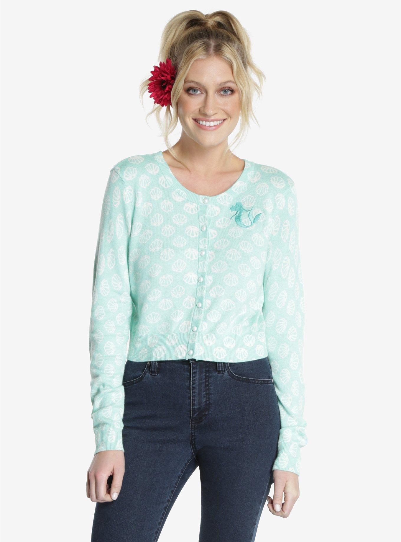 Disney The Little Mermaid Button Up Womens Cardigan, SEAFOAM, hi-res