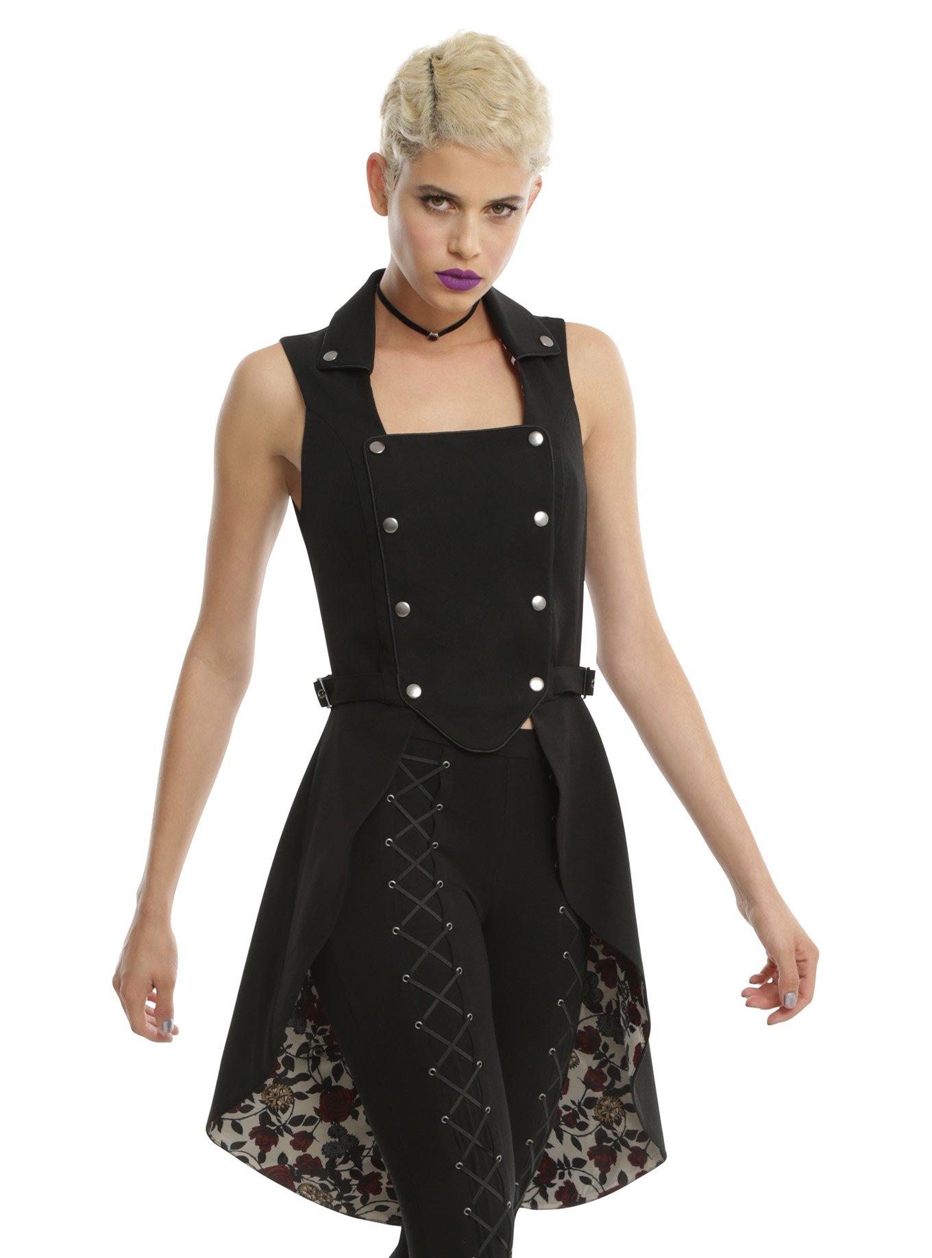 Black Snap Front Split Back Girls Long Vest | Hot Topic