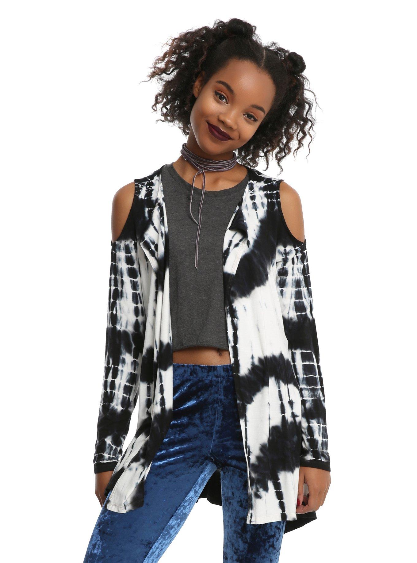 Black & White Tie Dye Cold Shoulder Girls Flyaway Cardigan, BLACK, hi-res