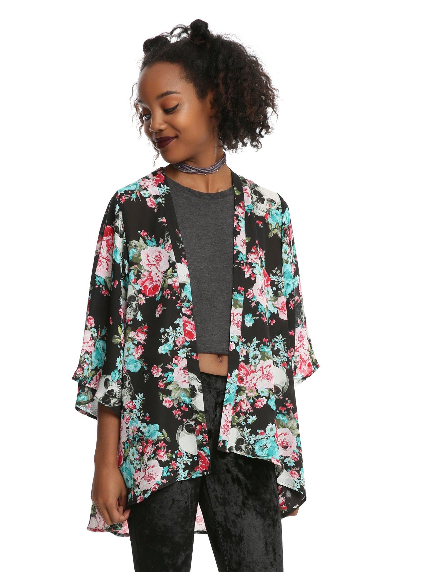 Floral Skull Kimono, BLACK, hi-res