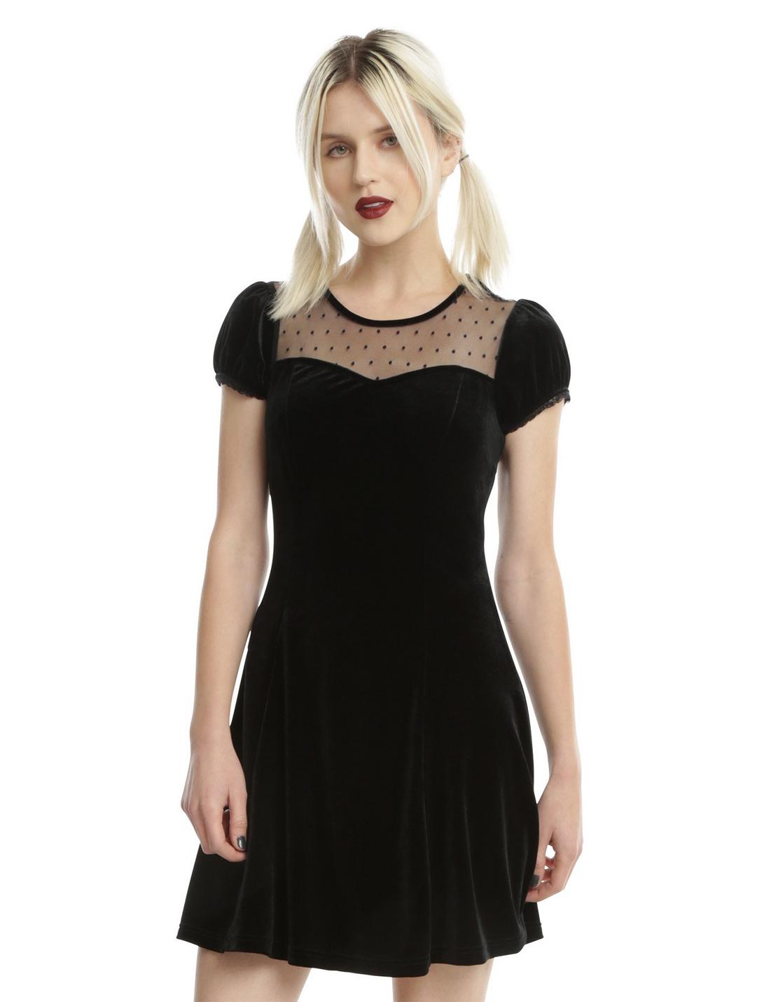 Black Velvet Swiss Dot Yoke Dress, NAVY, hi-res