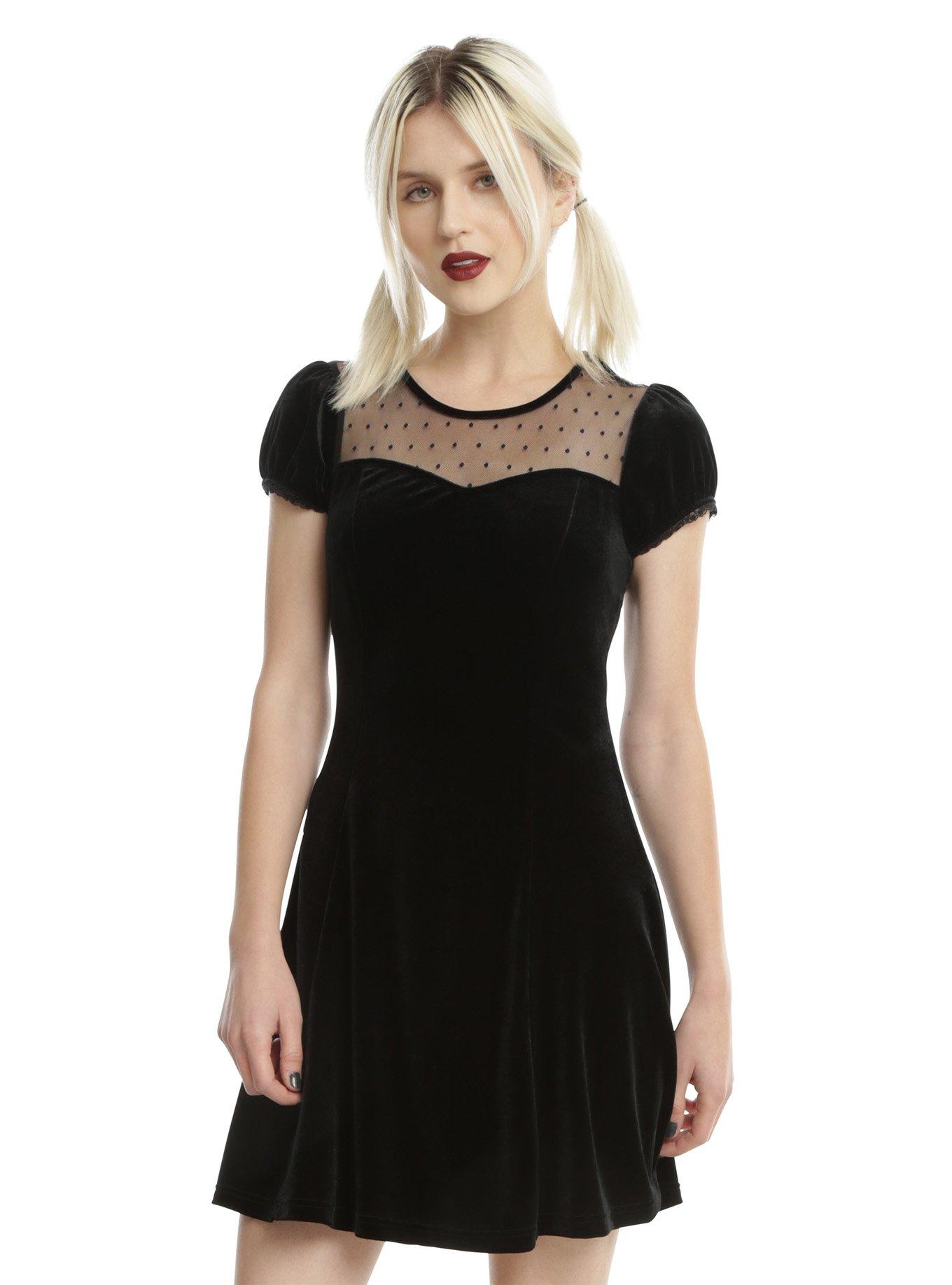 Black Velvet Swiss Dot Yoke Dress, NAVY, hi-res