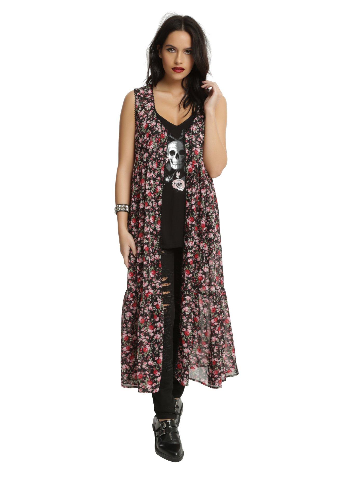 Floral Chiffon Duster, BLACK, hi-res