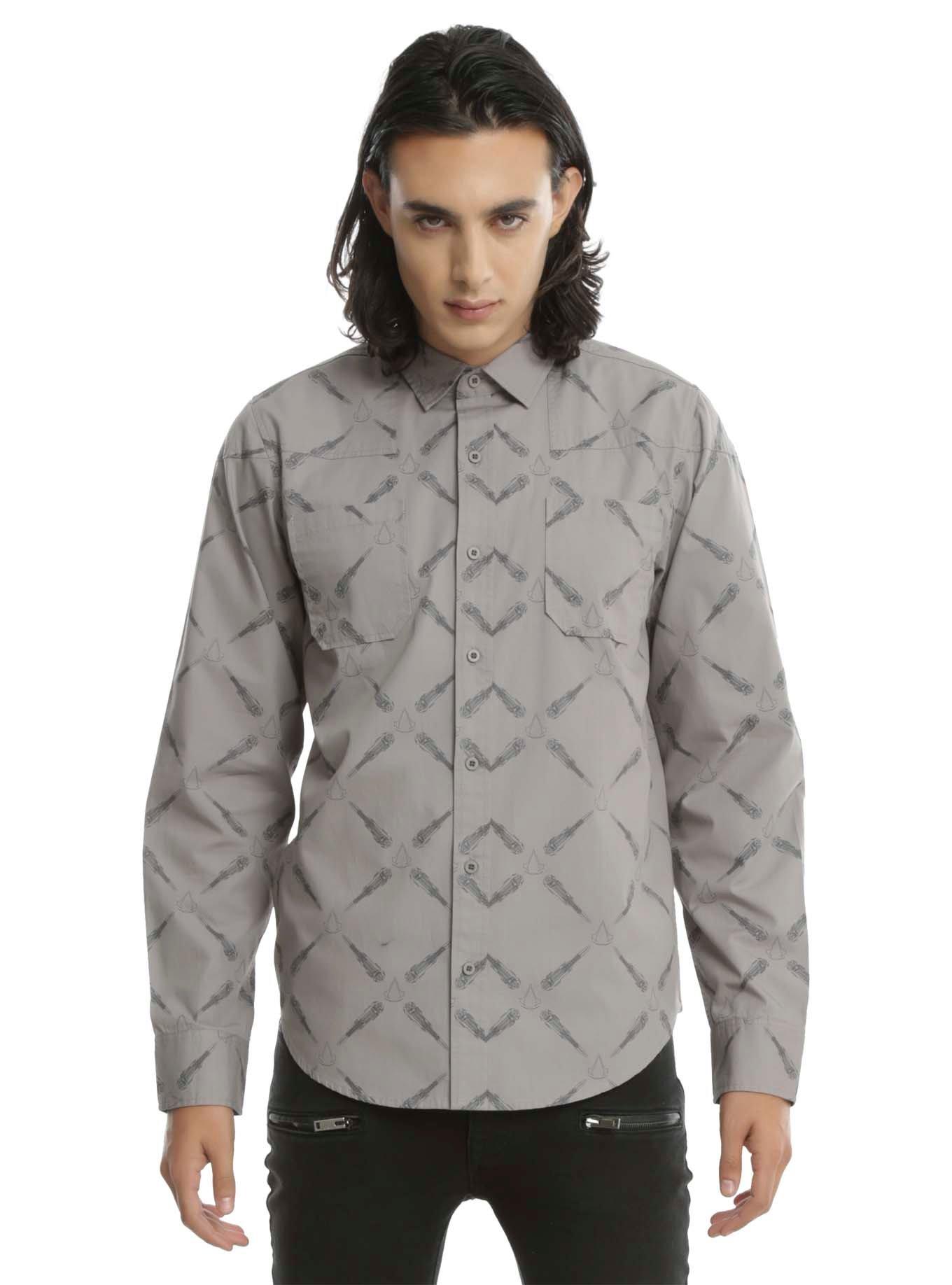 Assassin's Creed Blade Print Long-Sleeve Woven Button-Up, GREY, hi-res